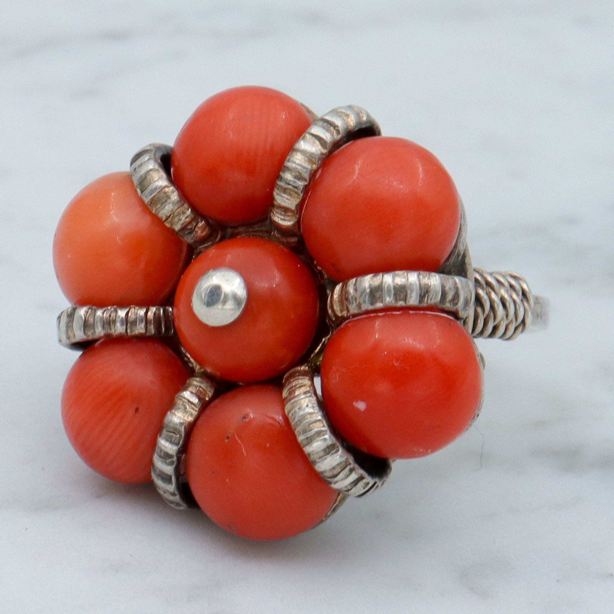Antique Sterling Silver Coral Bead Tribal Flower Ring, sz 8.5