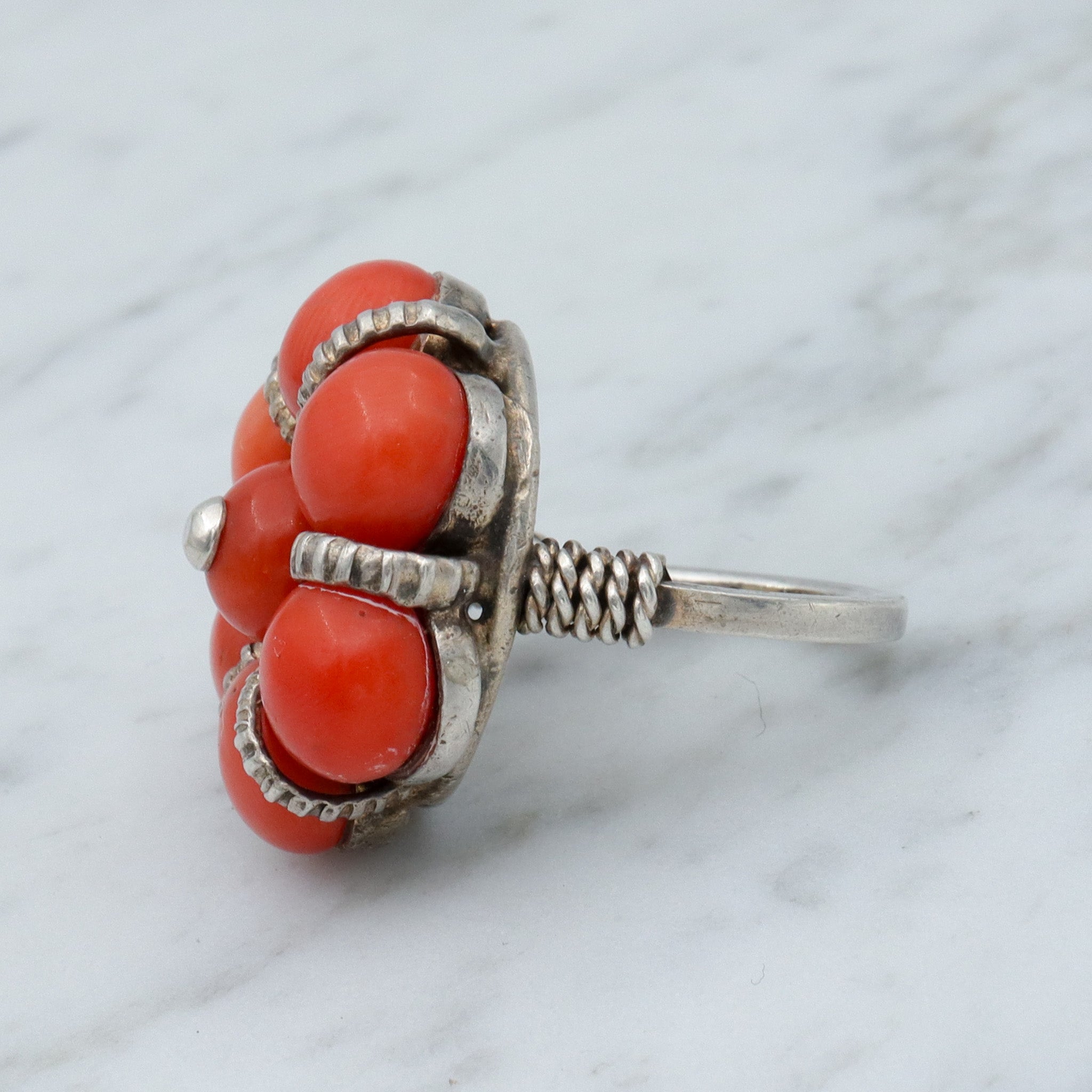 Antique Sterling Silver Coral Bead Tribal Flower Ring, sz 8.5
