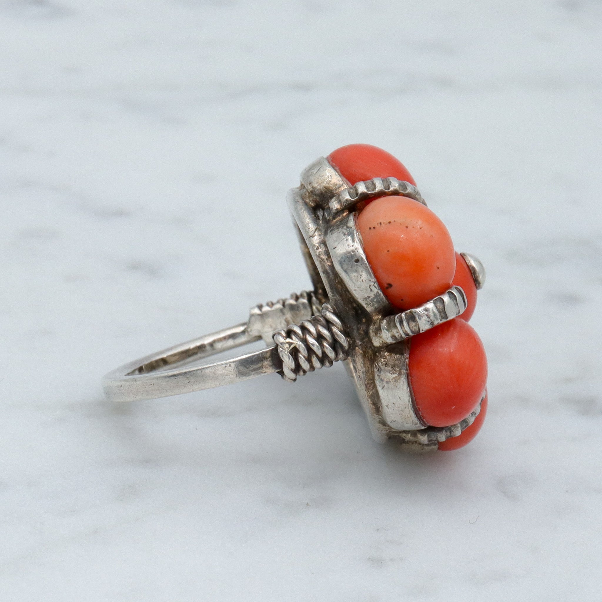 Antique Sterling Silver Coral Bead Tribal Flower Ring, sz 8.5