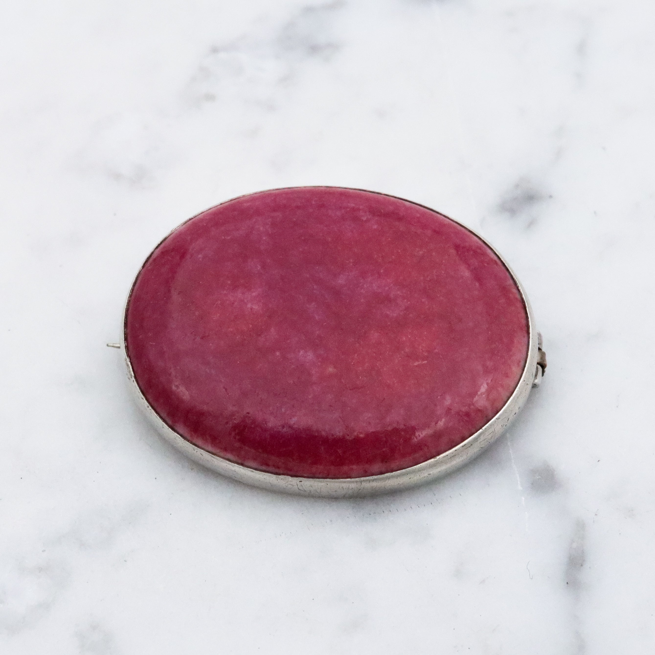 Antique Arts & Crafts rose red glazed pottery sterling brooch