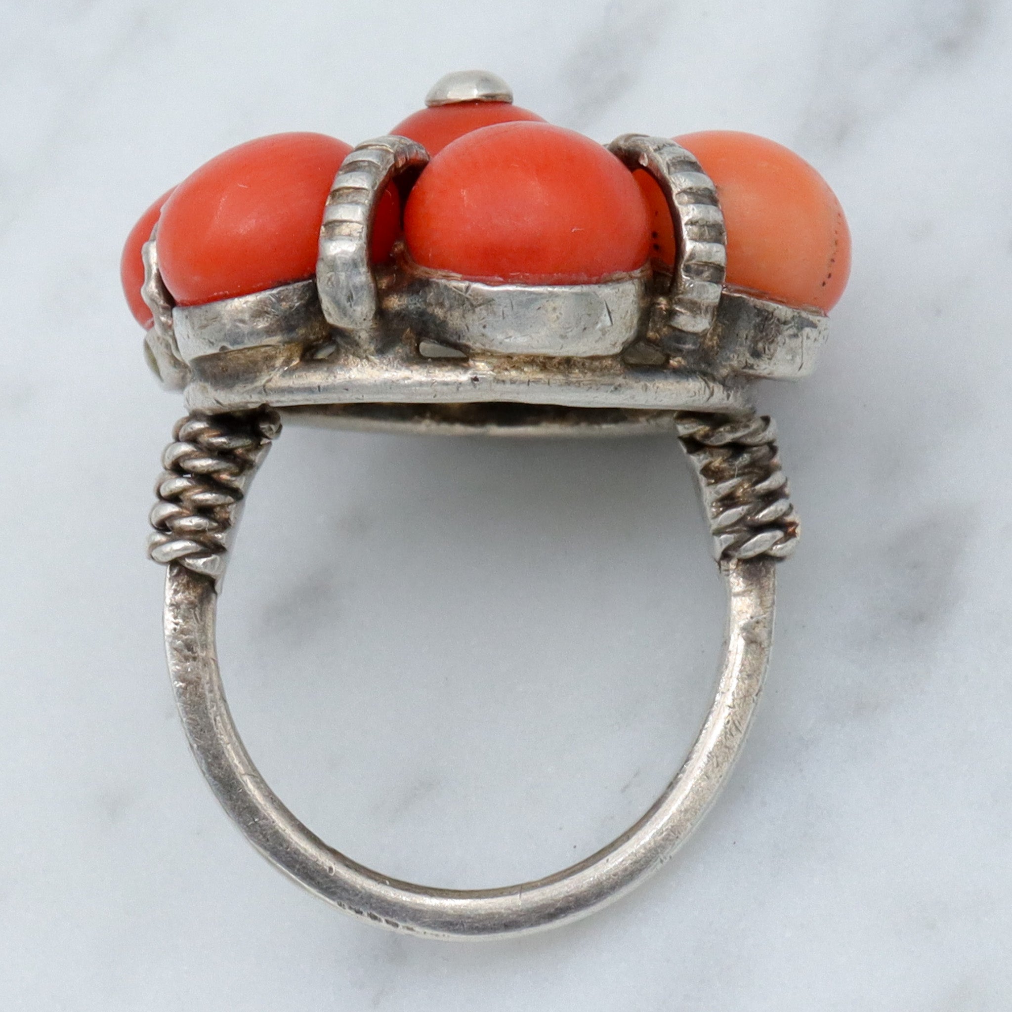 Antique Sterling Silver Coral Bead Tribal Flower Ring, sz 8.5