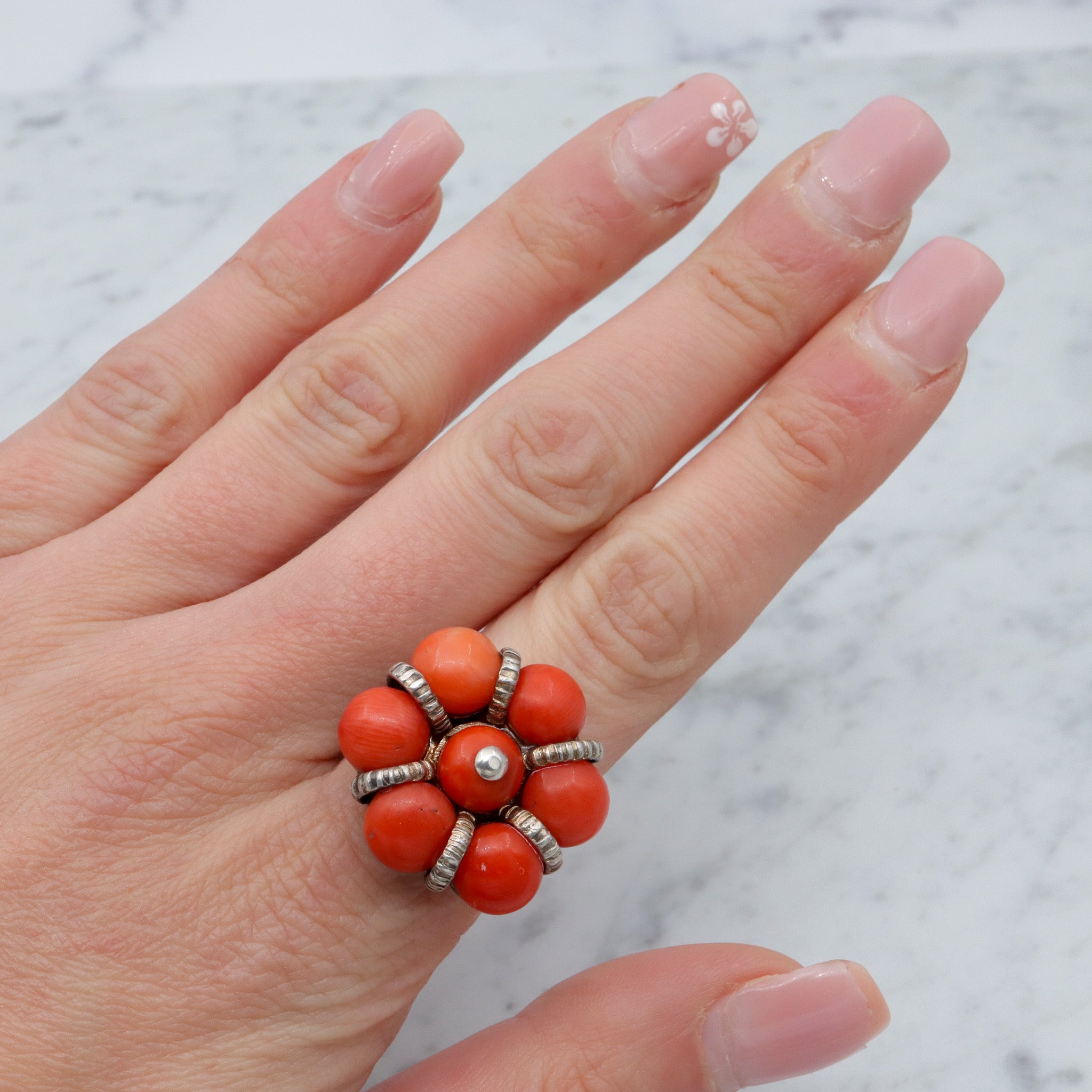 Antique Sterling Silver Coral Bead Tribal Flower Ring, sz 8.5