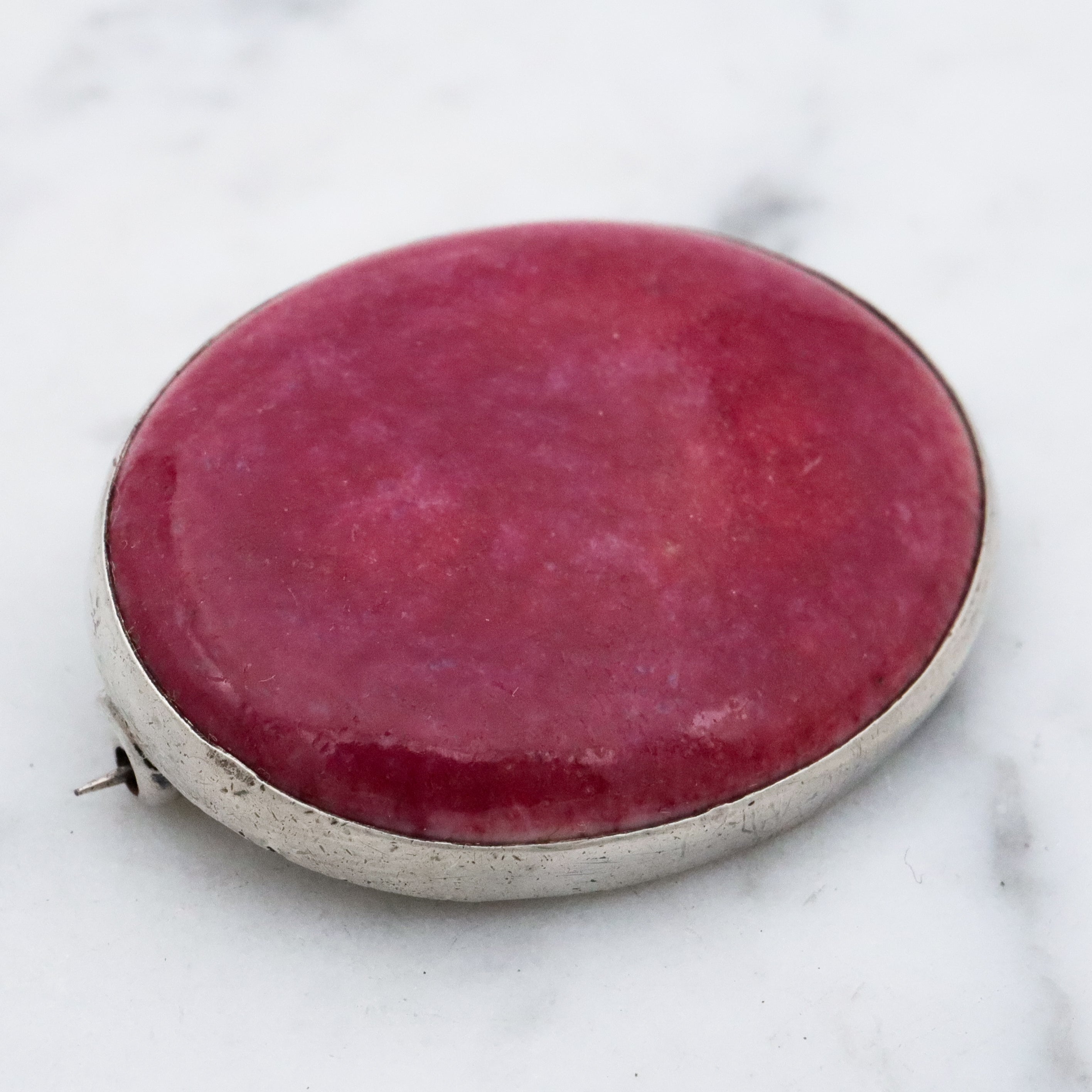 Antique Arts & Crafts rose red glazed pottery sterling brooch