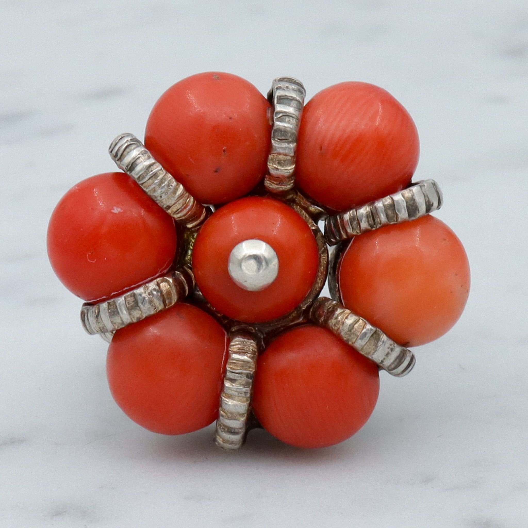 Antique Sterling Silver Coral Bead Tribal Flower Ring, sz 8.5