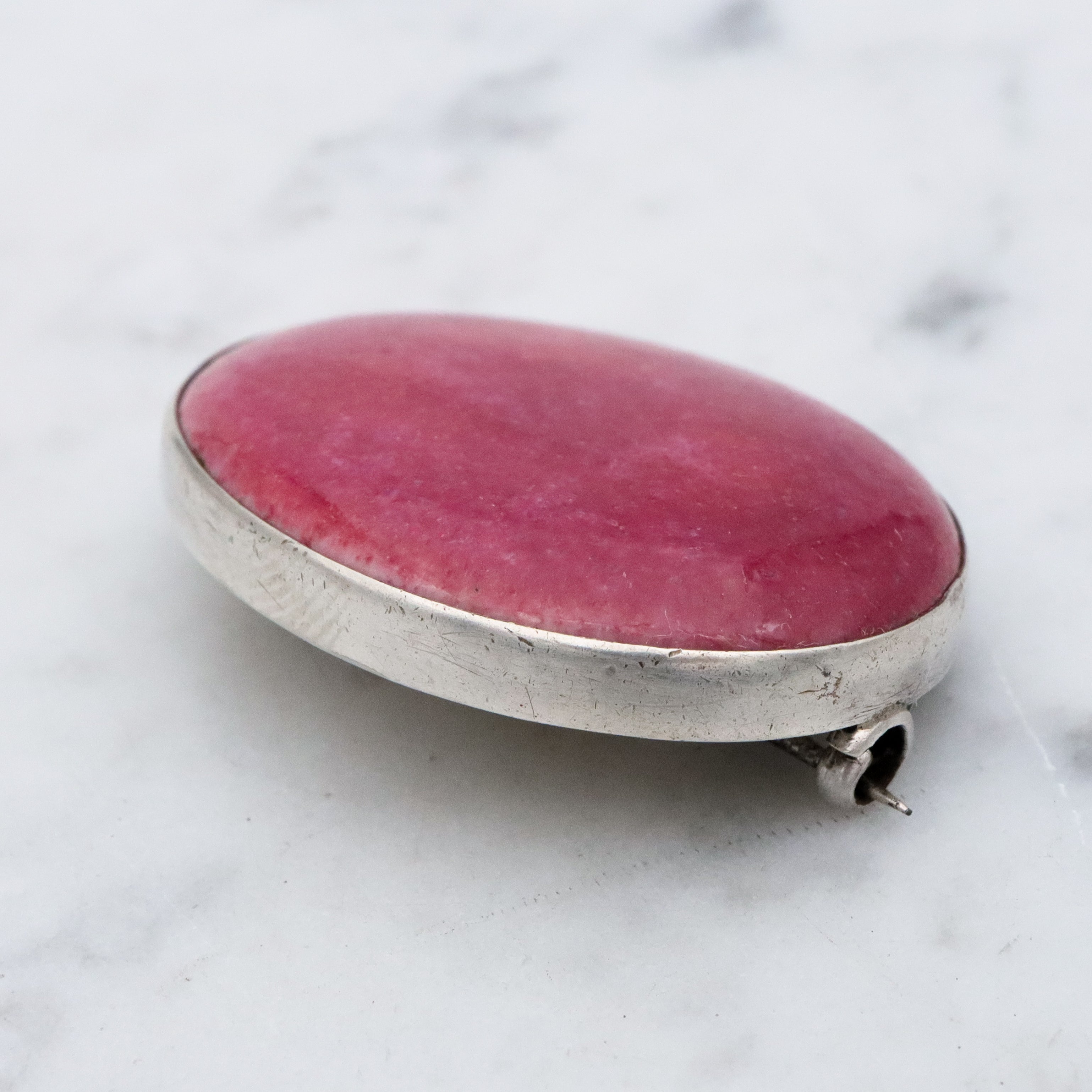 Antique Arts & Crafts rose red glazed pottery sterling brooch