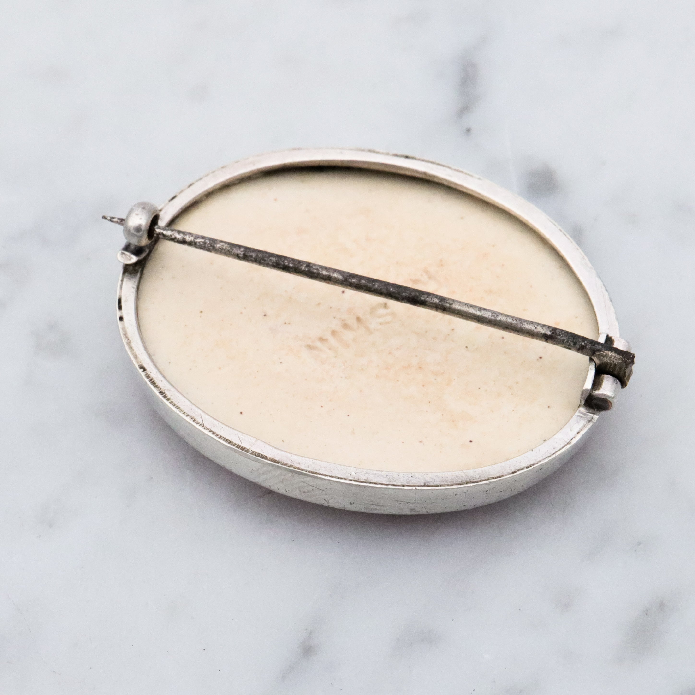 Antique Arts & Crafts rose red glazed pottery sterling brooch