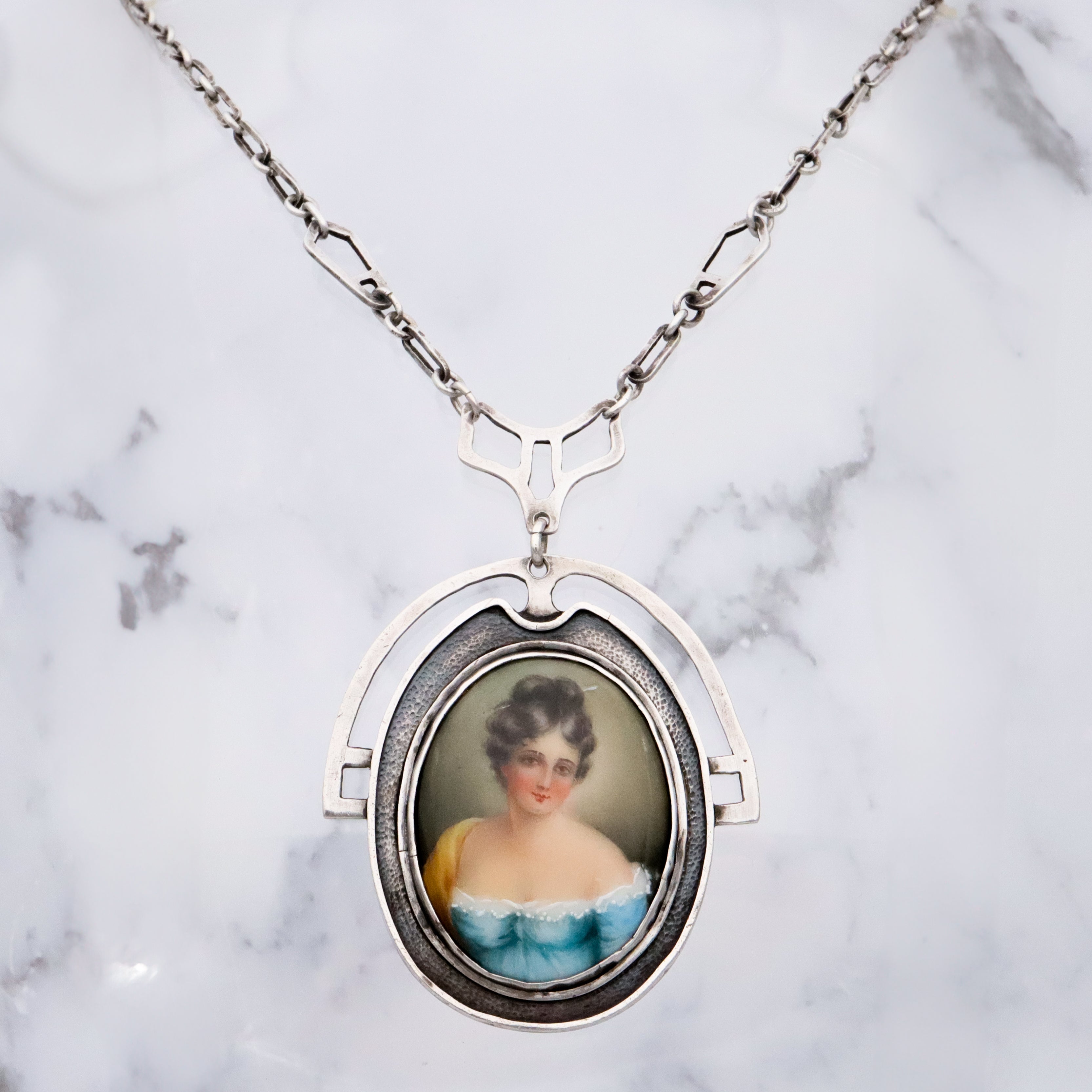 Antique Arts & Crafts hand painted portrait pendant sterling necklace