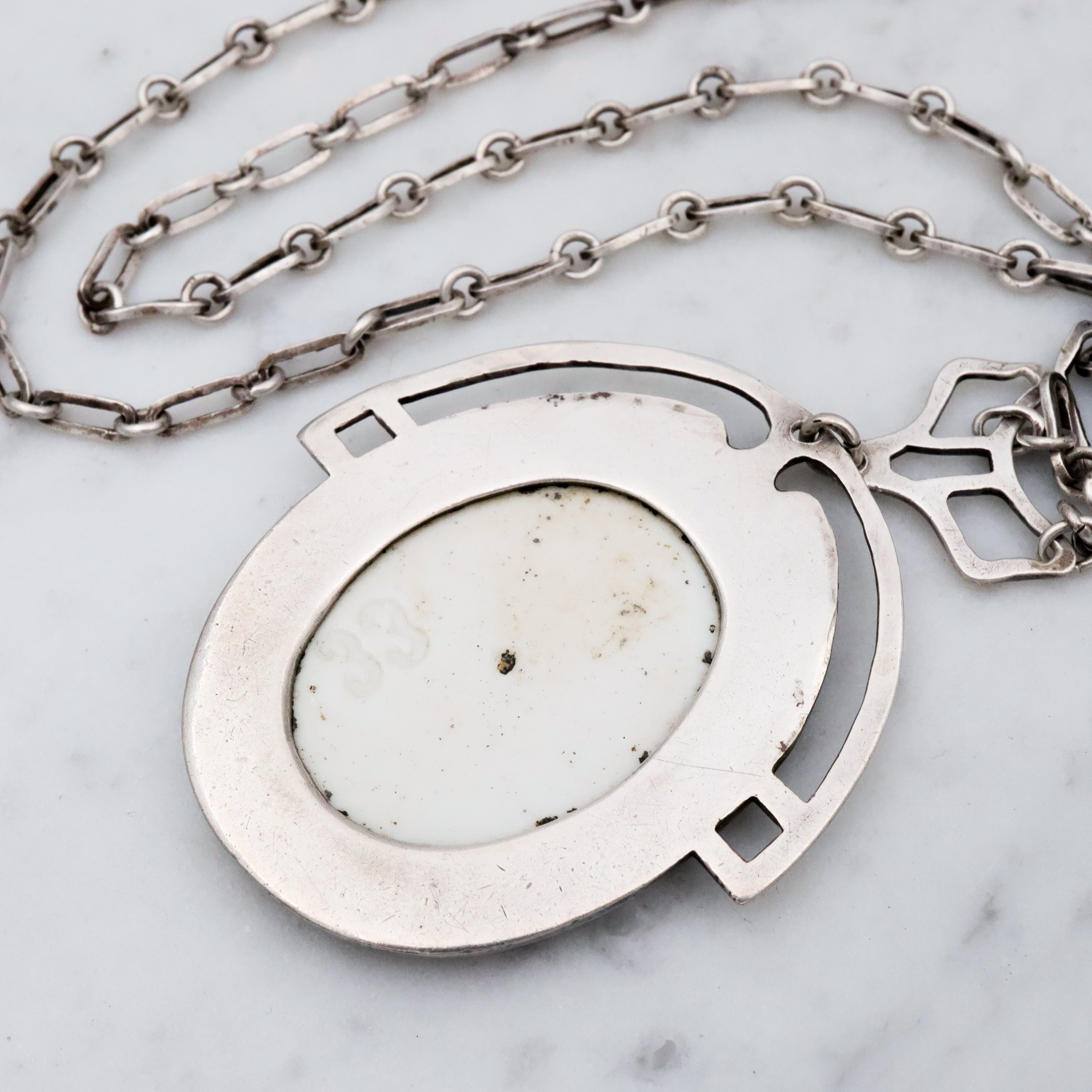 Antique Arts & Crafts hand painted portrait pendant sterling necklace