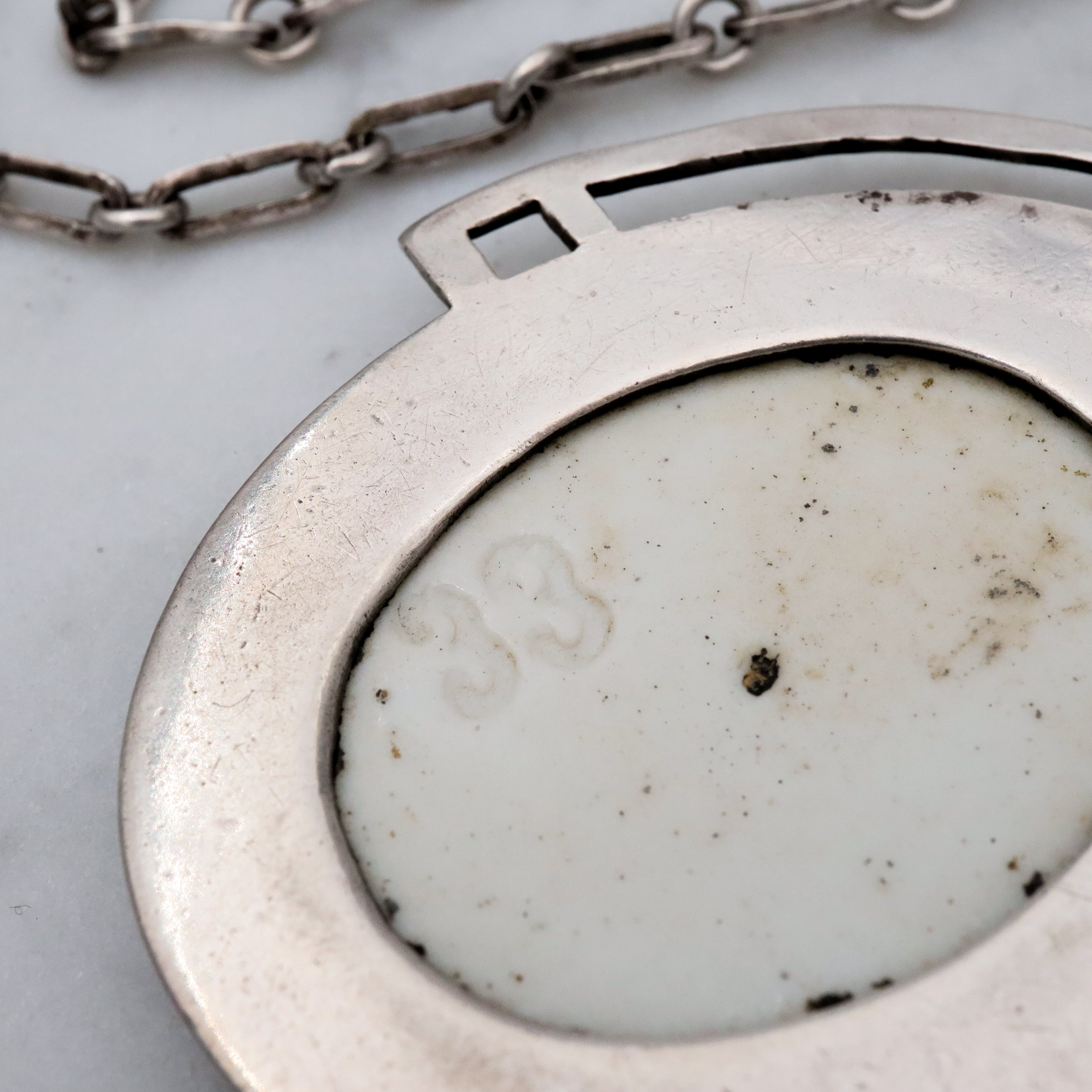 Antique Arts & Crafts hand painted portrait pendant sterling necklace