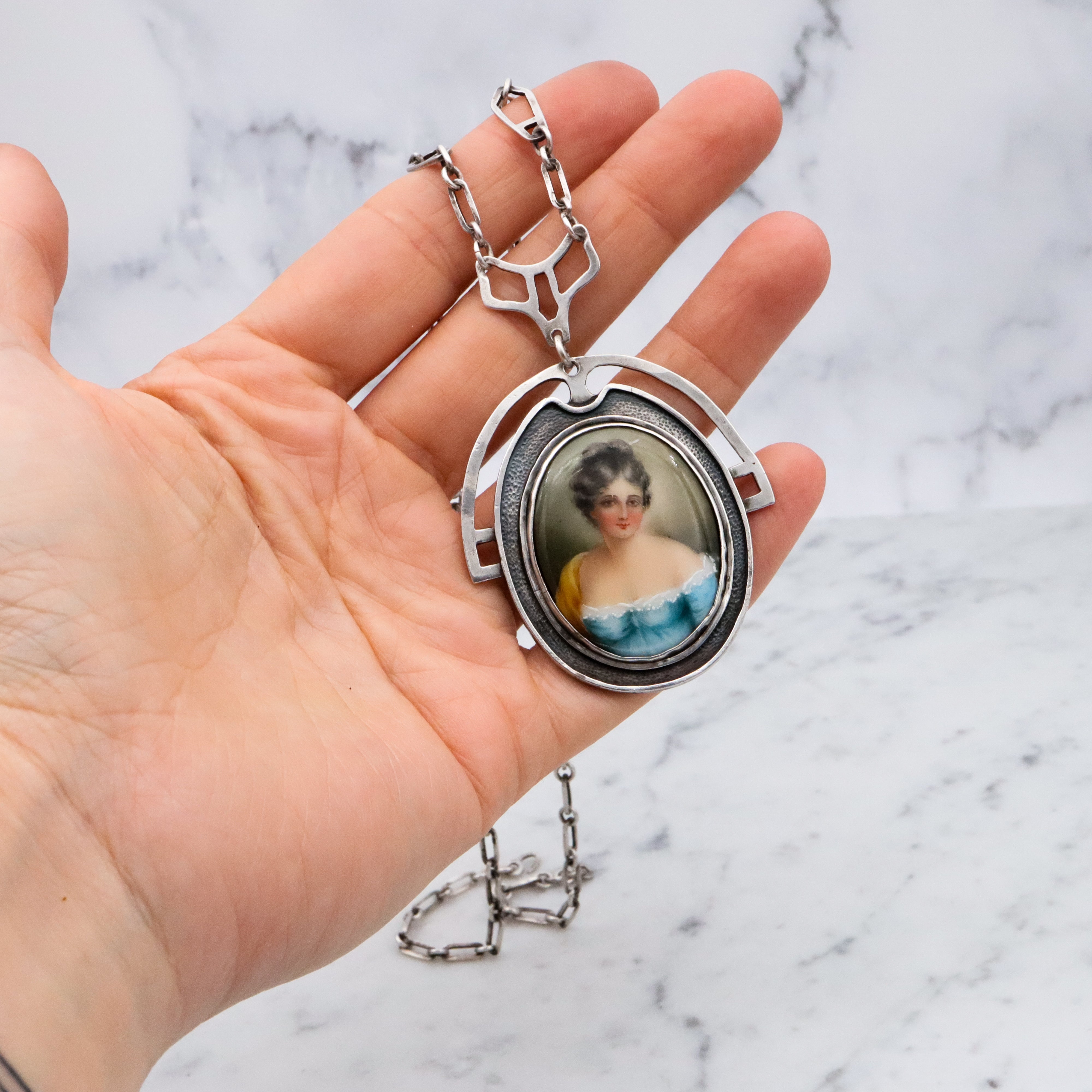 Antique Arts & Crafts hand painted portrait pendant sterling necklace