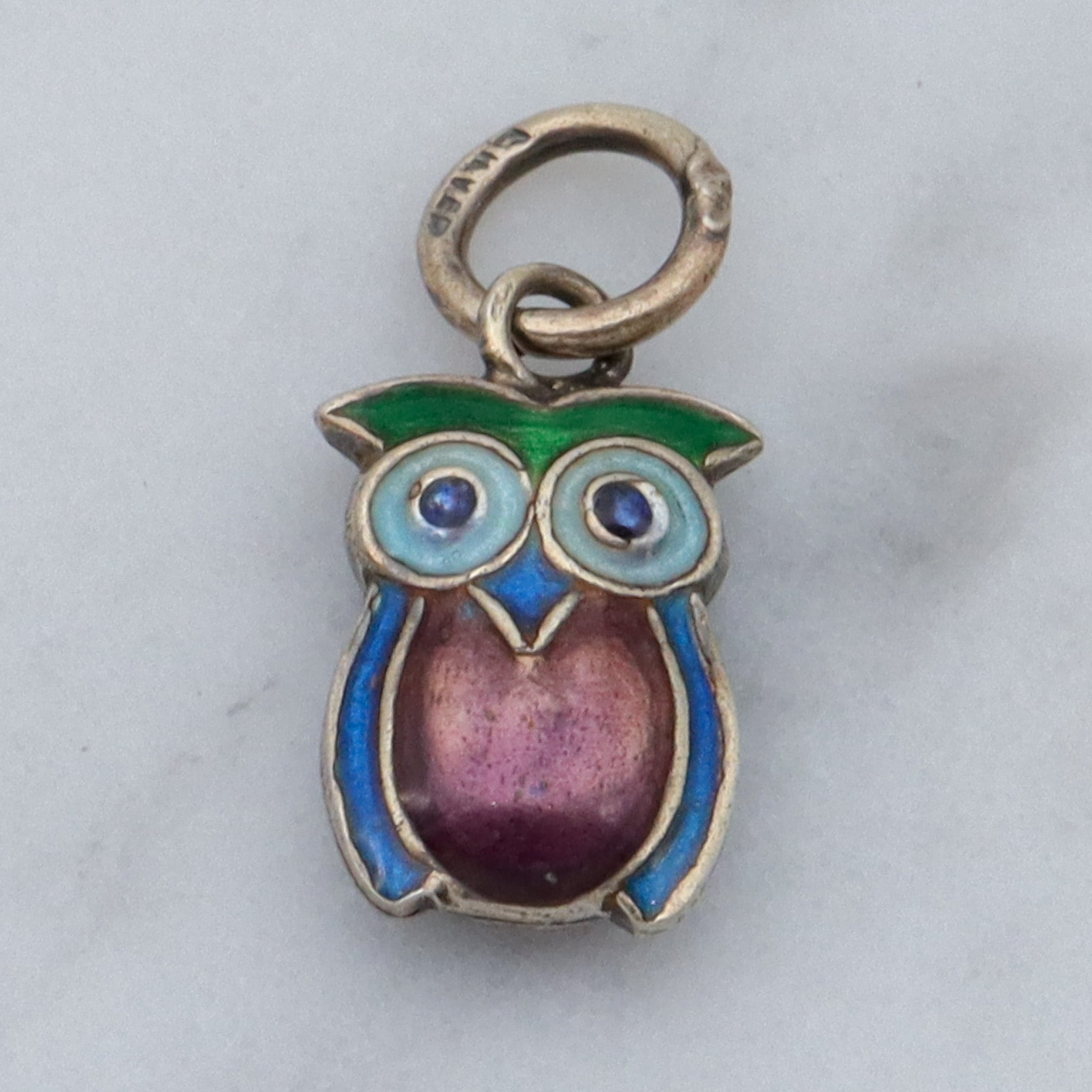 Vintage Chinese export sterling silver & cloisonne enamel double sided owl charm