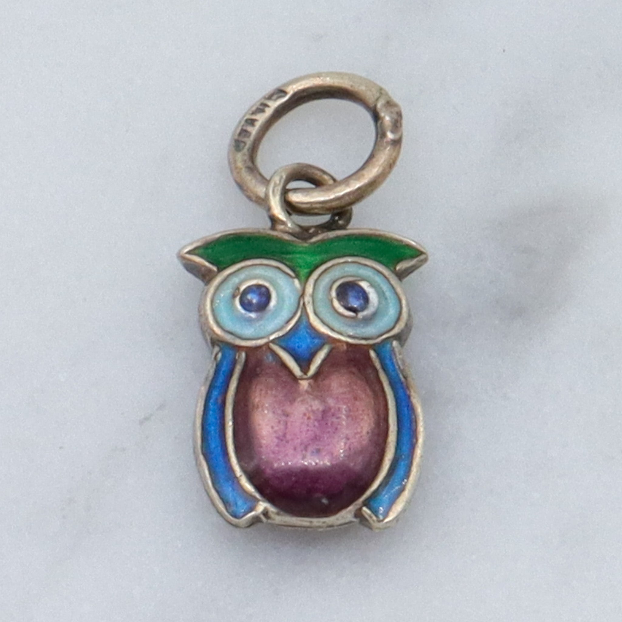 Vintage Chinese export sterling silver & cloisonne enamel double sided owl charm