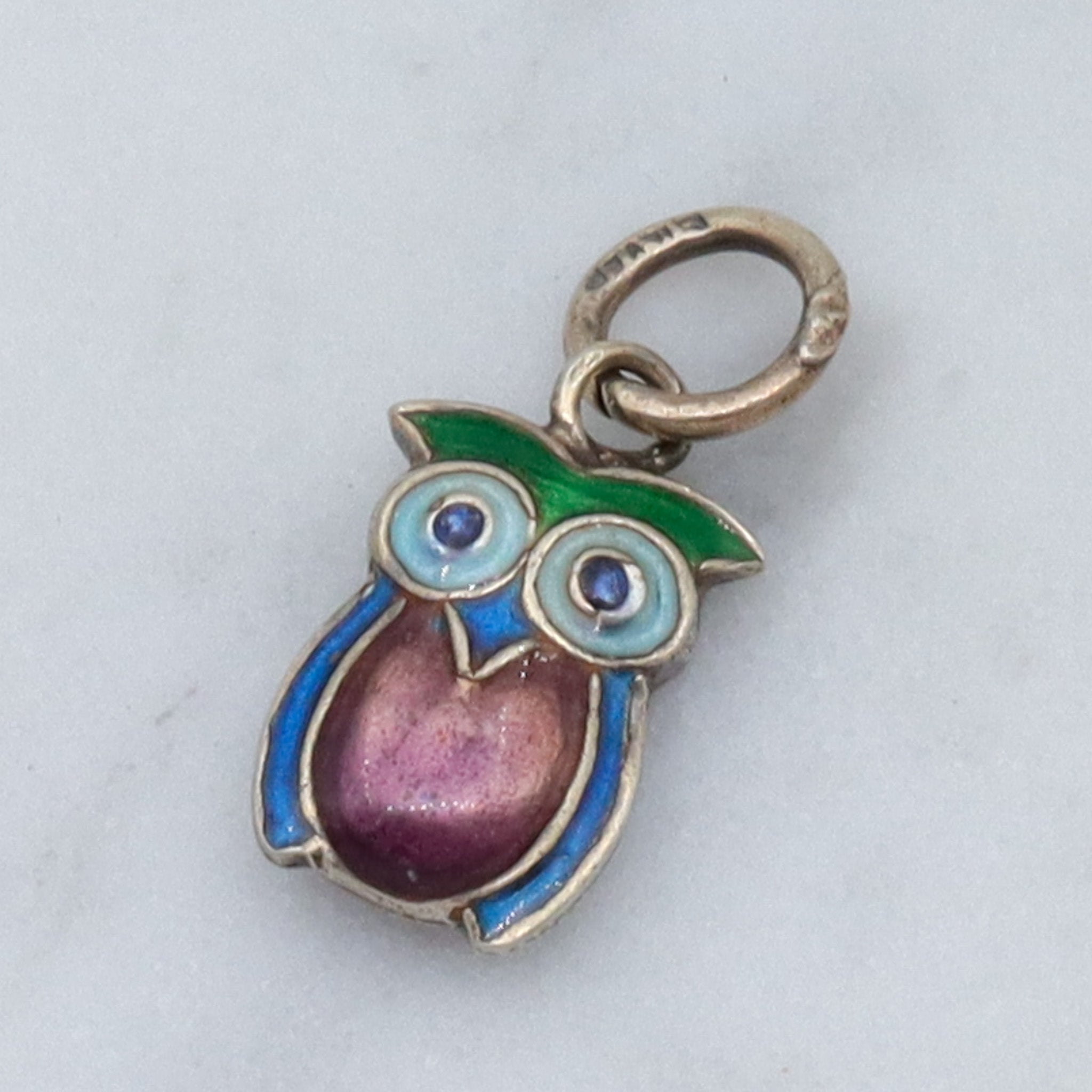 Vintage Chinese export sterling silver & cloisonne enamel double sided owl charm