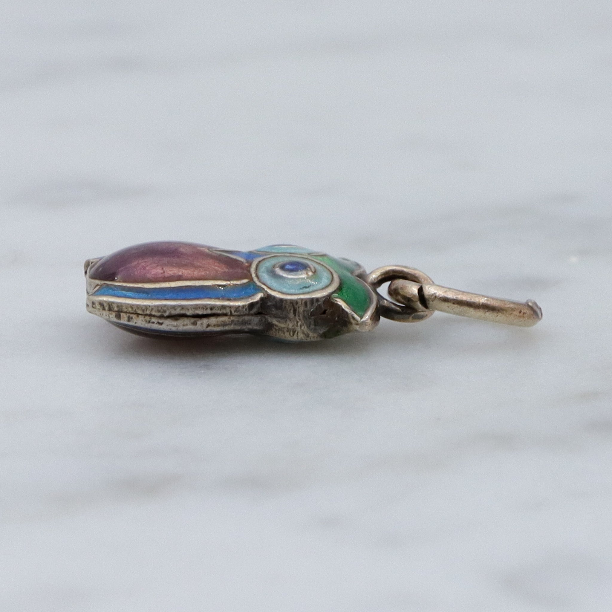 Vintage Chinese export sterling silver & cloisonne enamel double sided owl charm