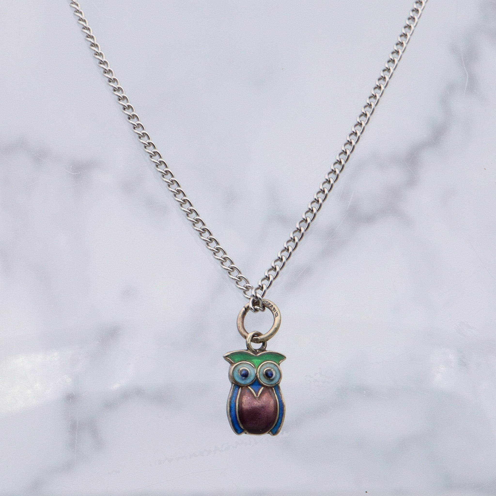 Vintage Chinese export sterling silver & cloisonne enamel double sided owl charm