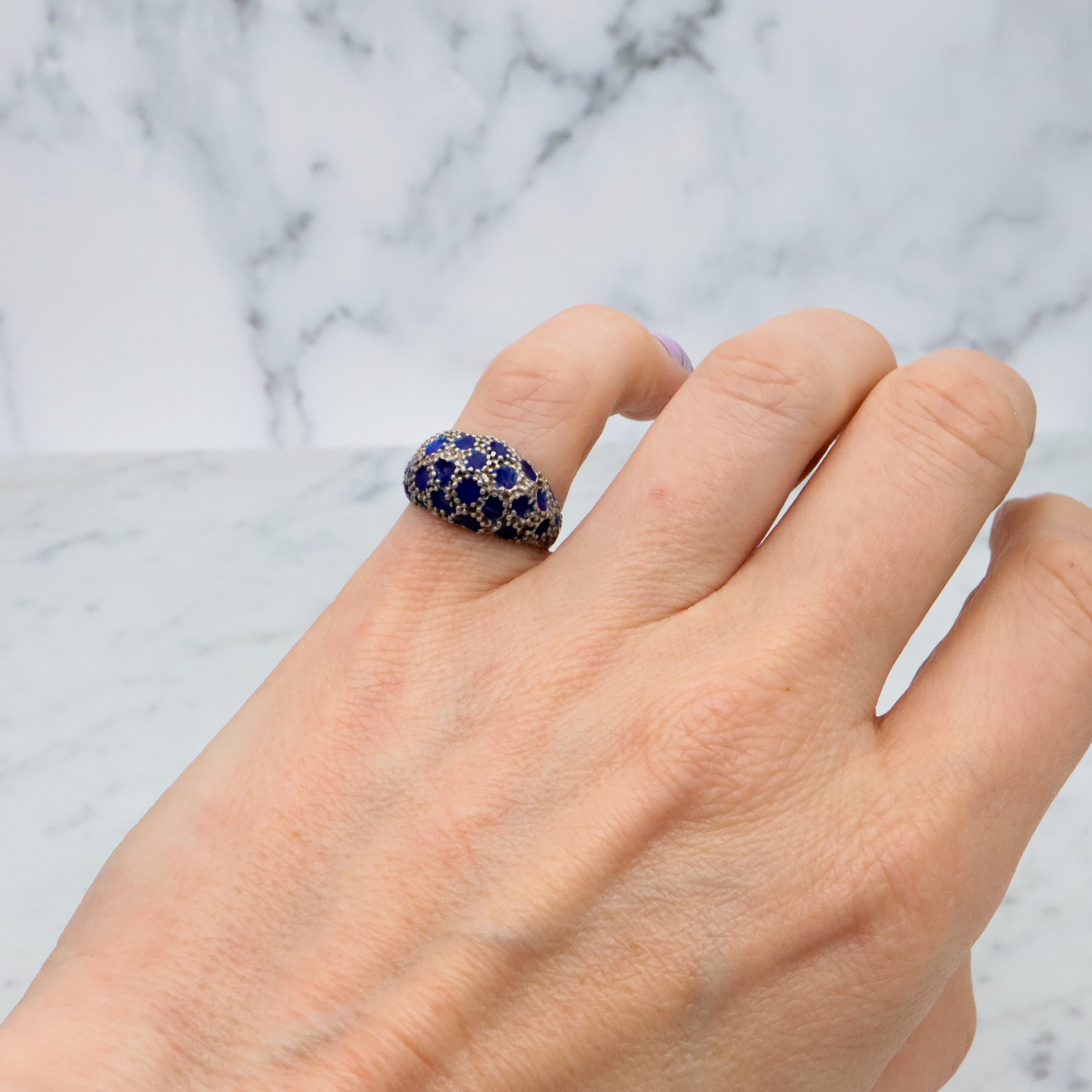 Retro vintage sterling cobalt blue enamel dotted domed ring, size 4.75
