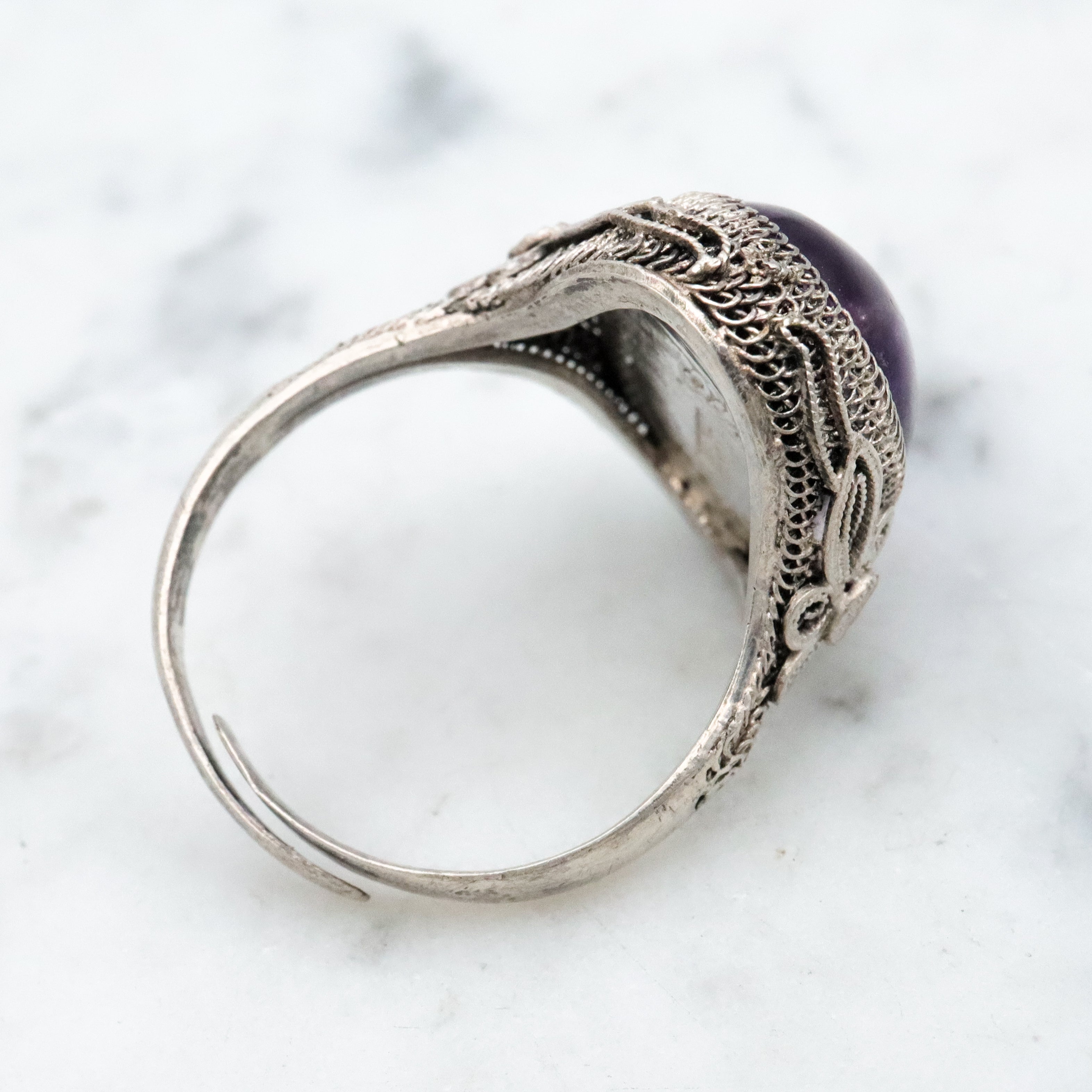 Antique Chinese silver filigree amethyst ring, size 7 adjustable