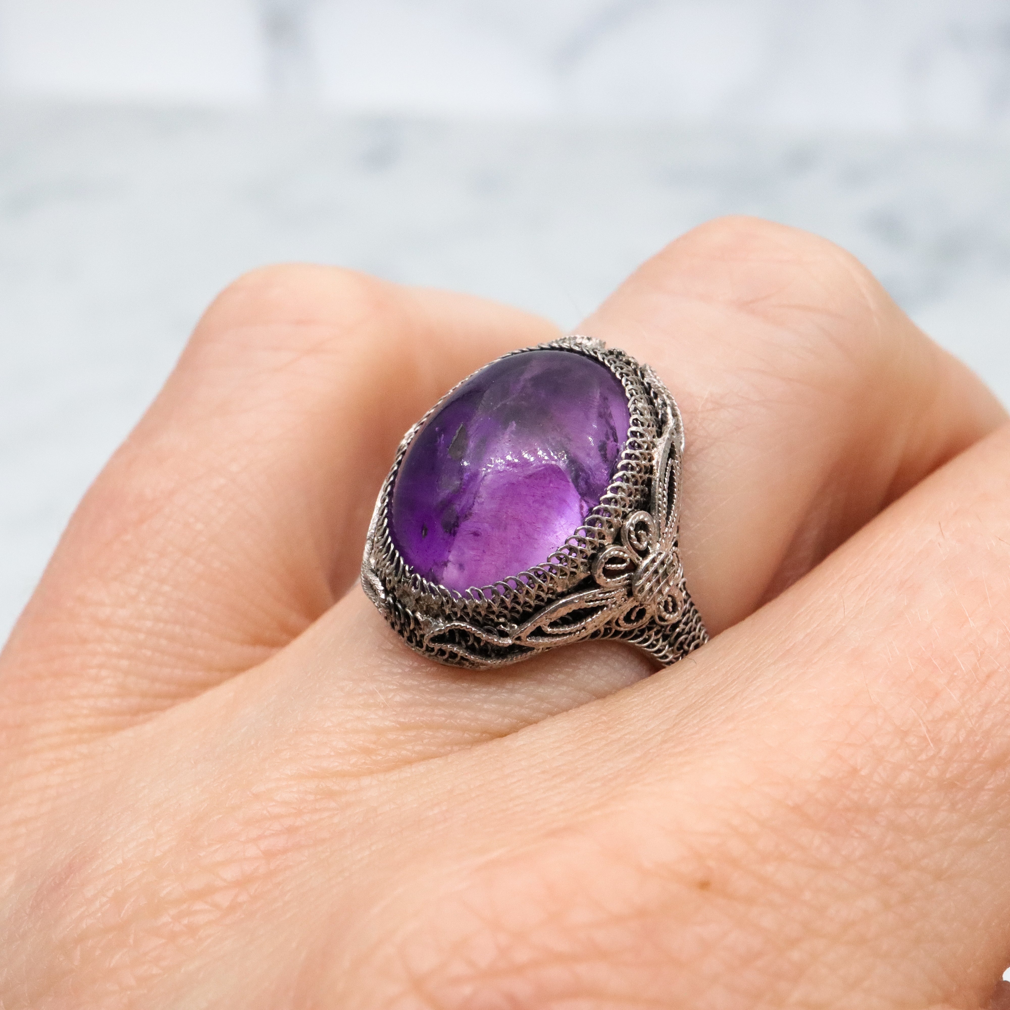 Antique Chinese silver filigree amethyst ring, size 7 adjustable