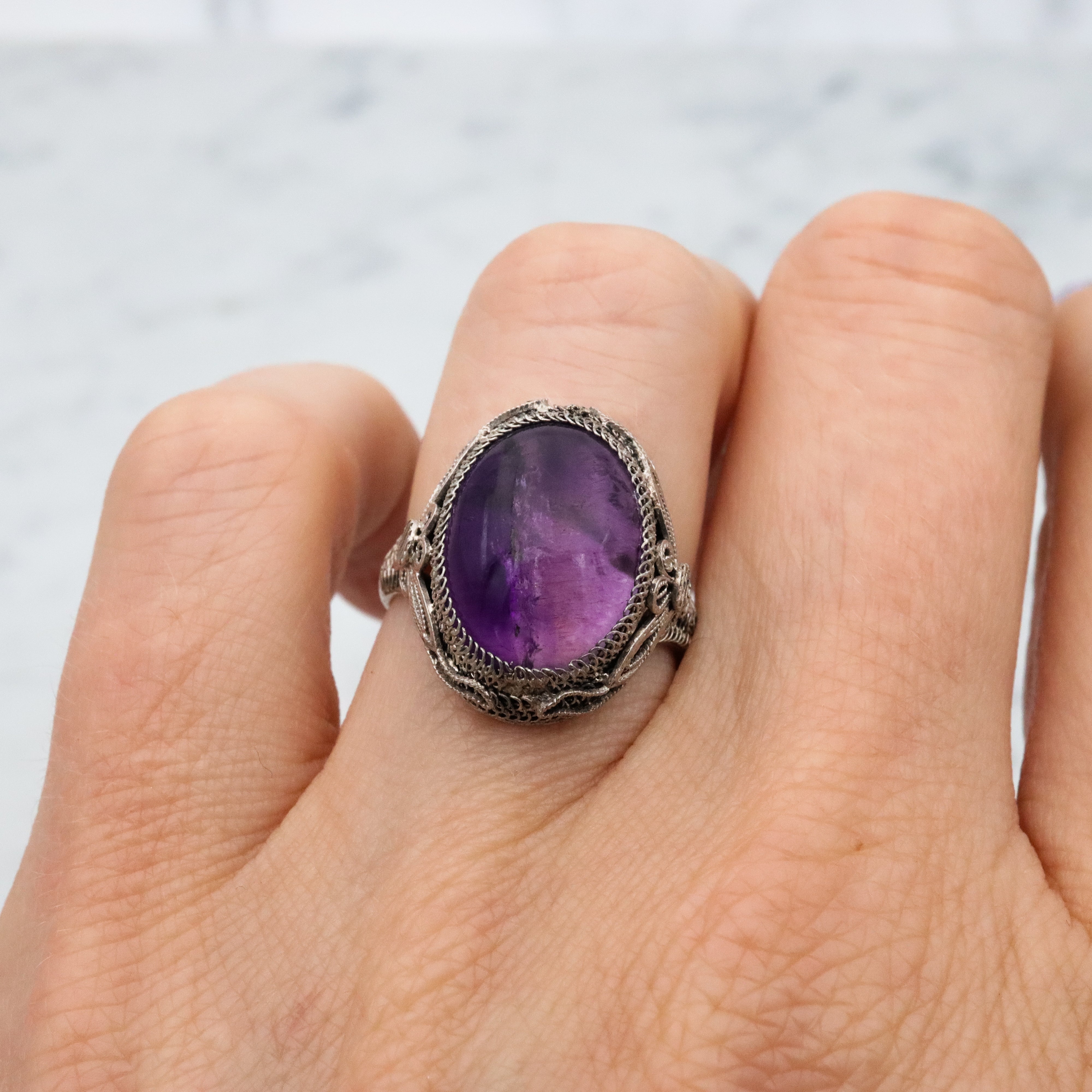 Antique Chinese silver filigree amethyst ring, size 7 adjustable