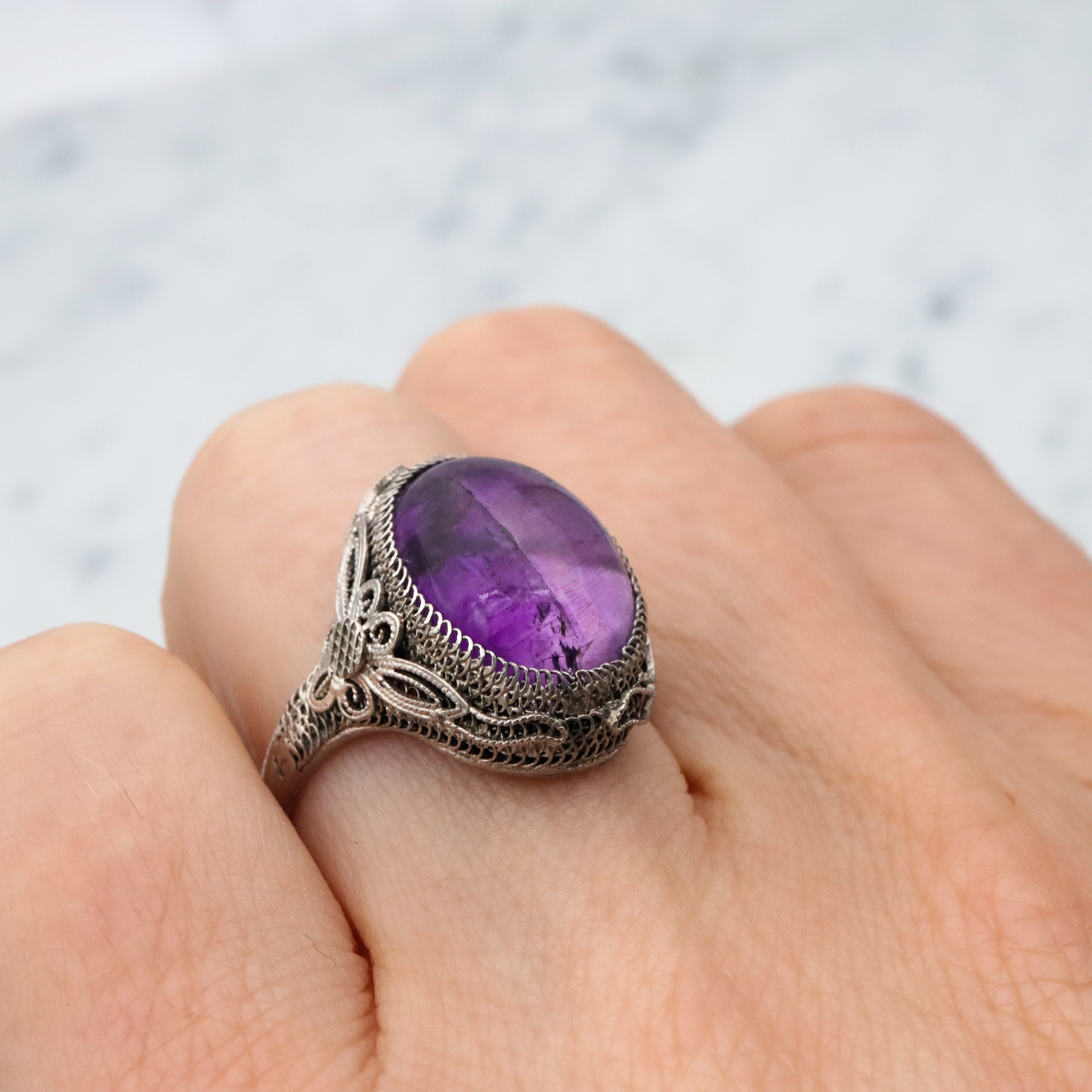 Antique Chinese silver filigree amethyst ring, size 7 adjustable