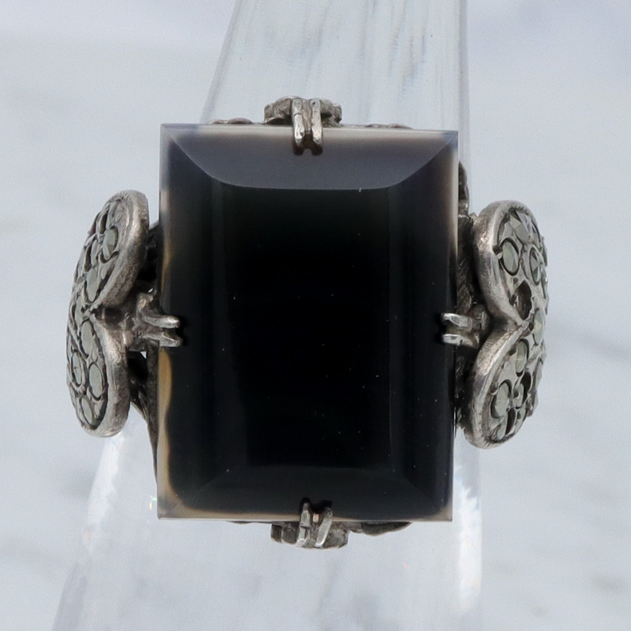 Antique Art Deco sterling, agate slag glass and marcasite ring, sz 4.5