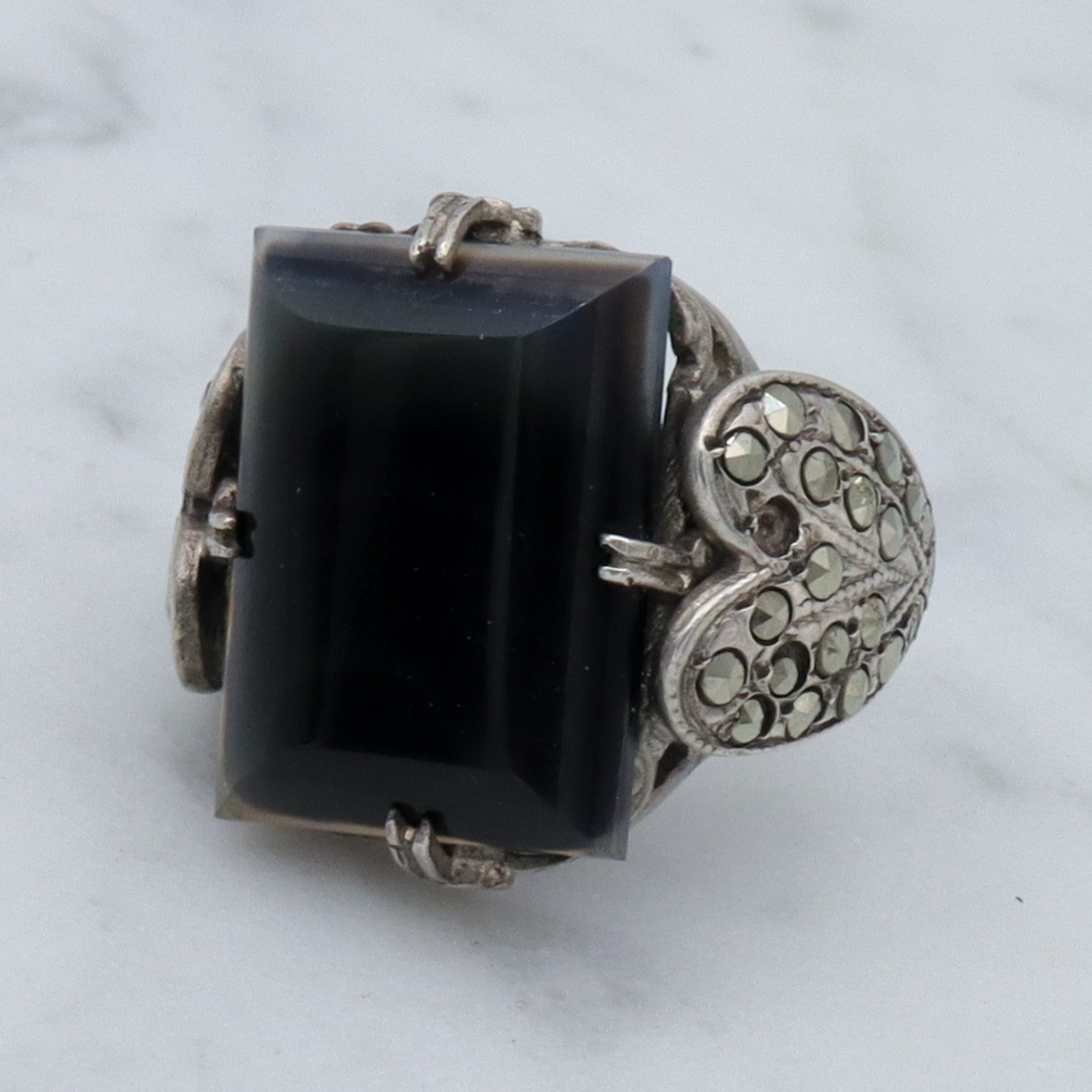 Antique Art Deco sterling, agate slag glass and marcasite ring, sz 4.5