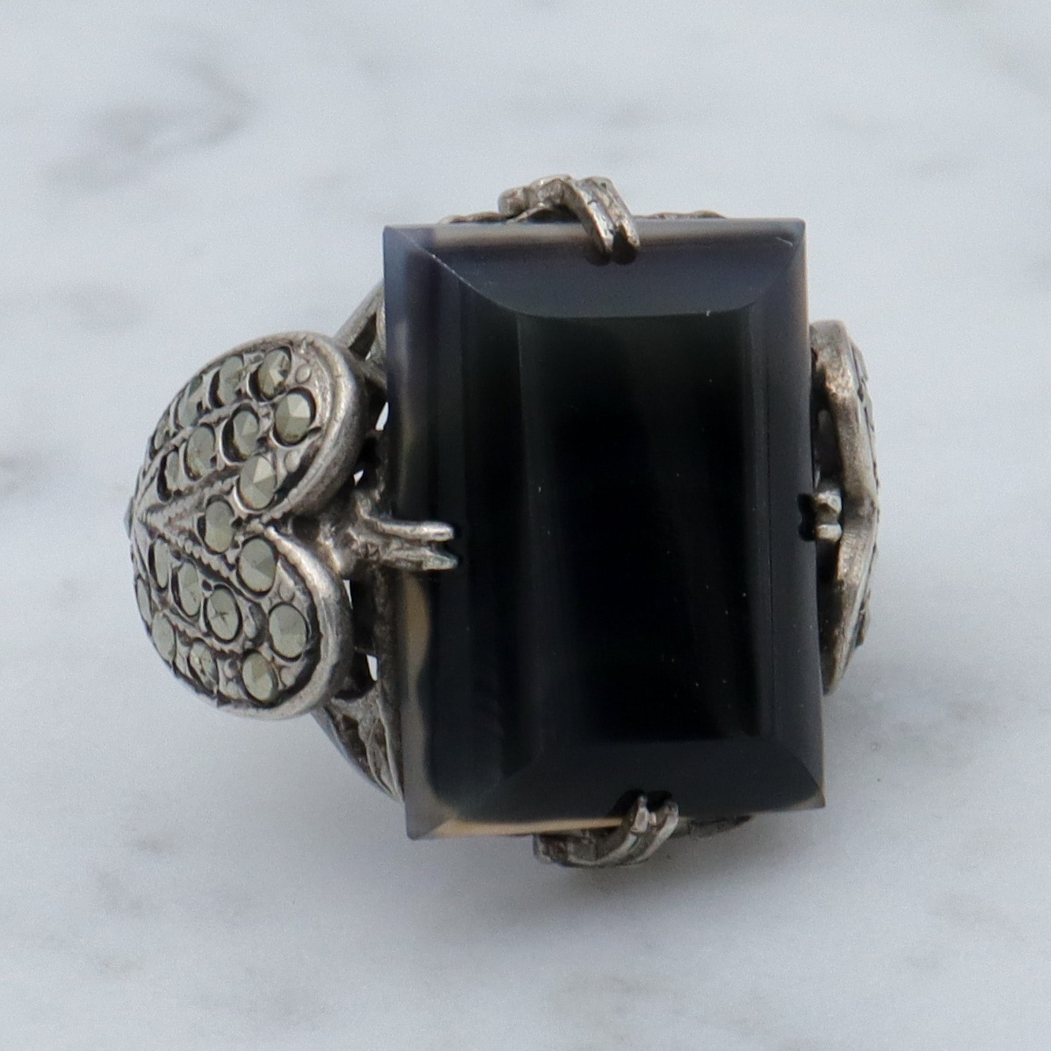Antique Art Deco sterling, agate slag glass and marcasite ring, sz 4.5