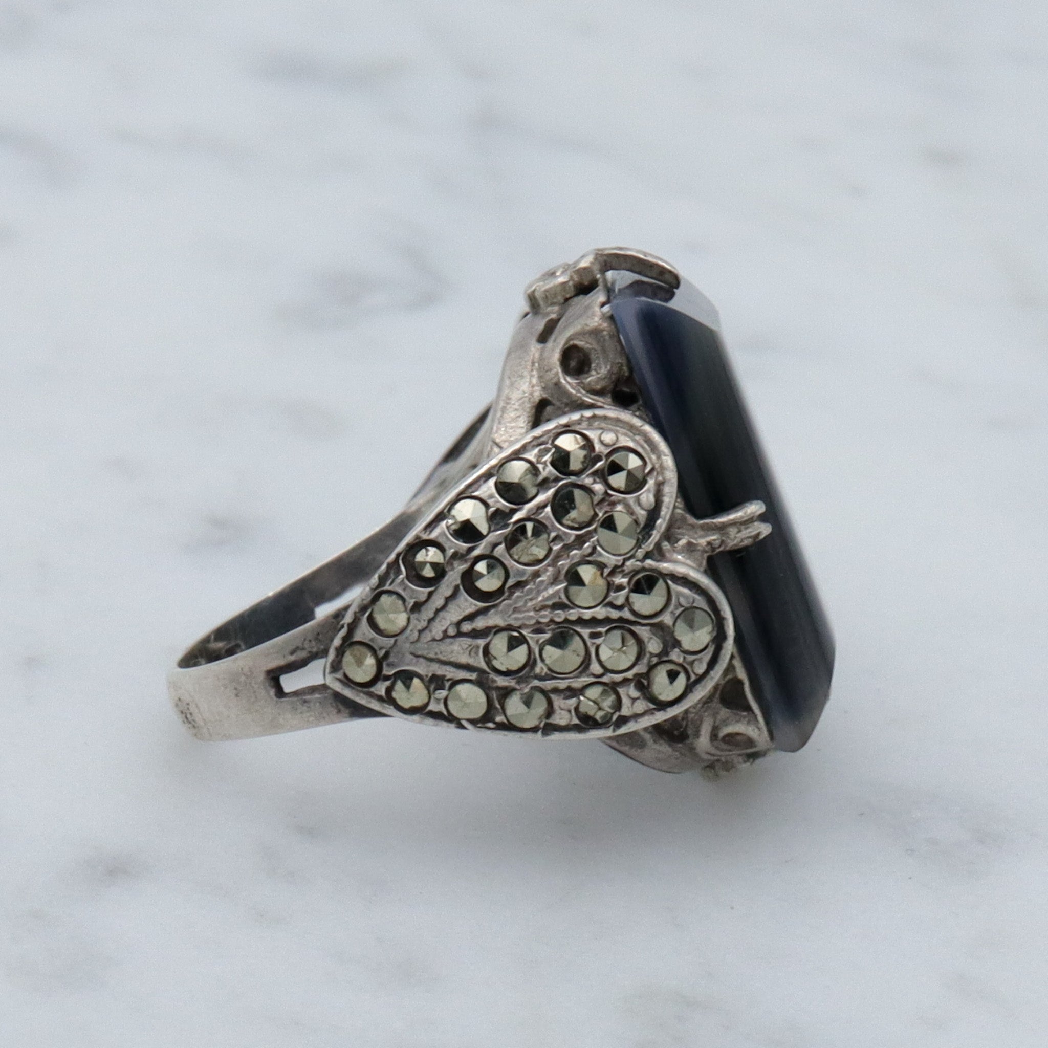 Antique Art Deco sterling, agate slag glass and marcasite ring, sz 4.5