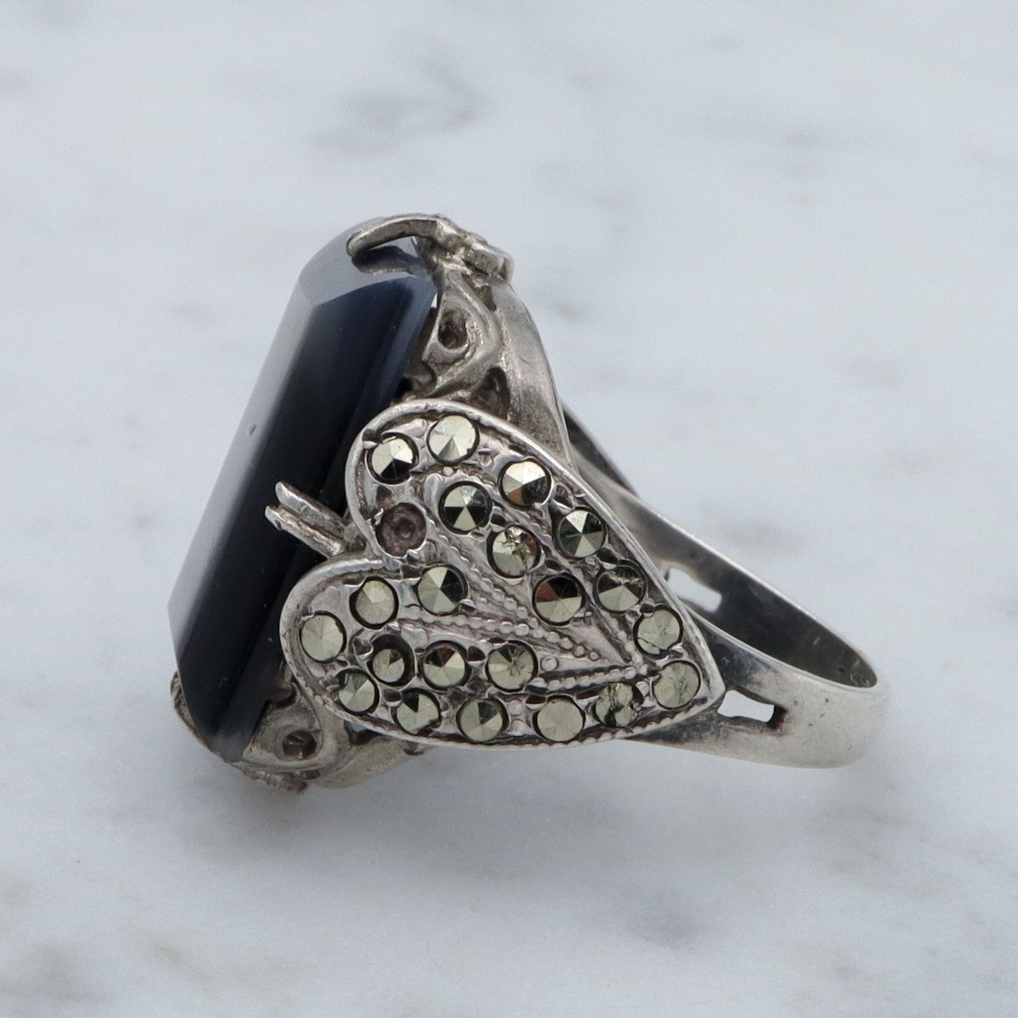 Antique Art Deco sterling, agate slag glass and marcasite ring, sz 4.5