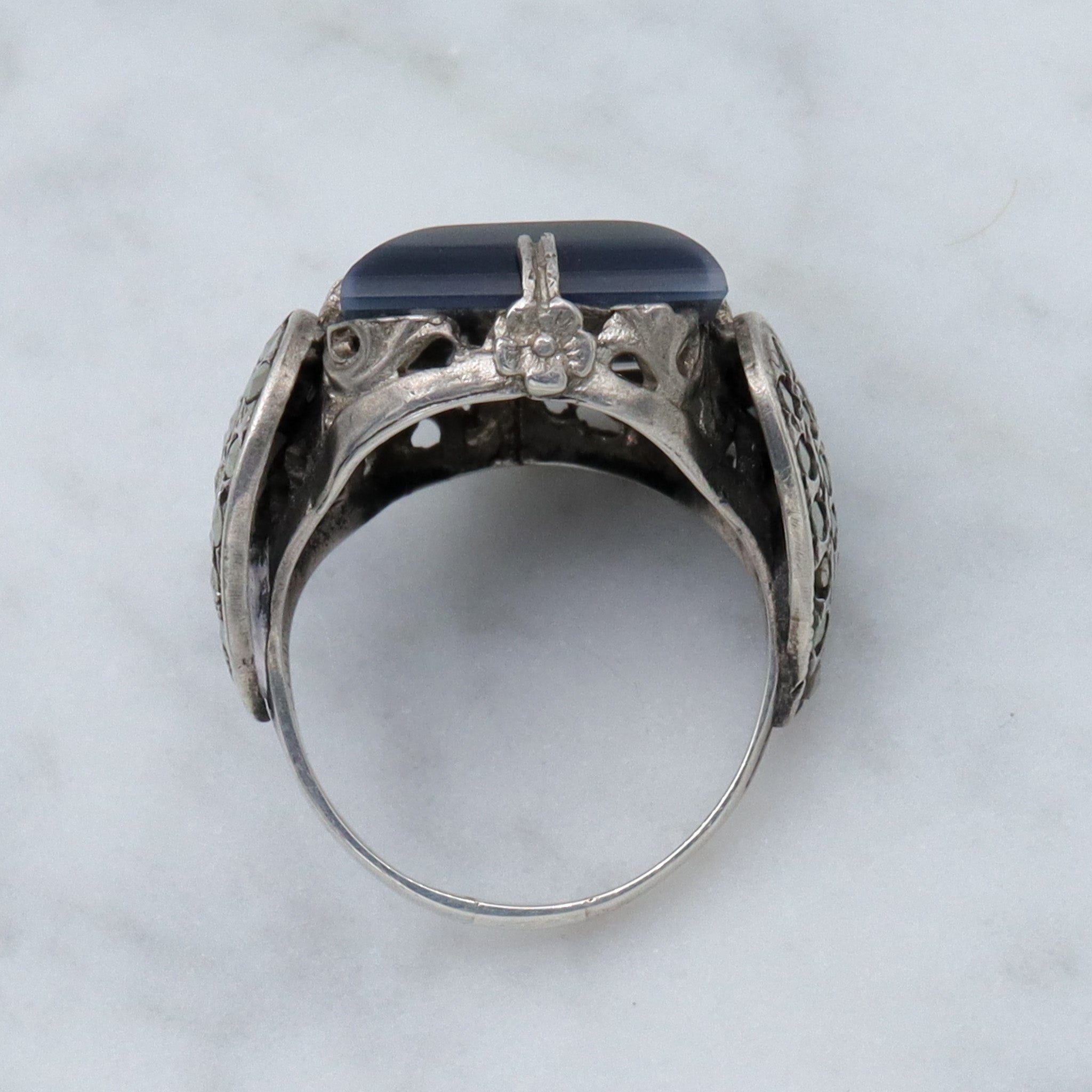 Antique Art Deco sterling, agate slag glass and marcasite ring, sz 4.5