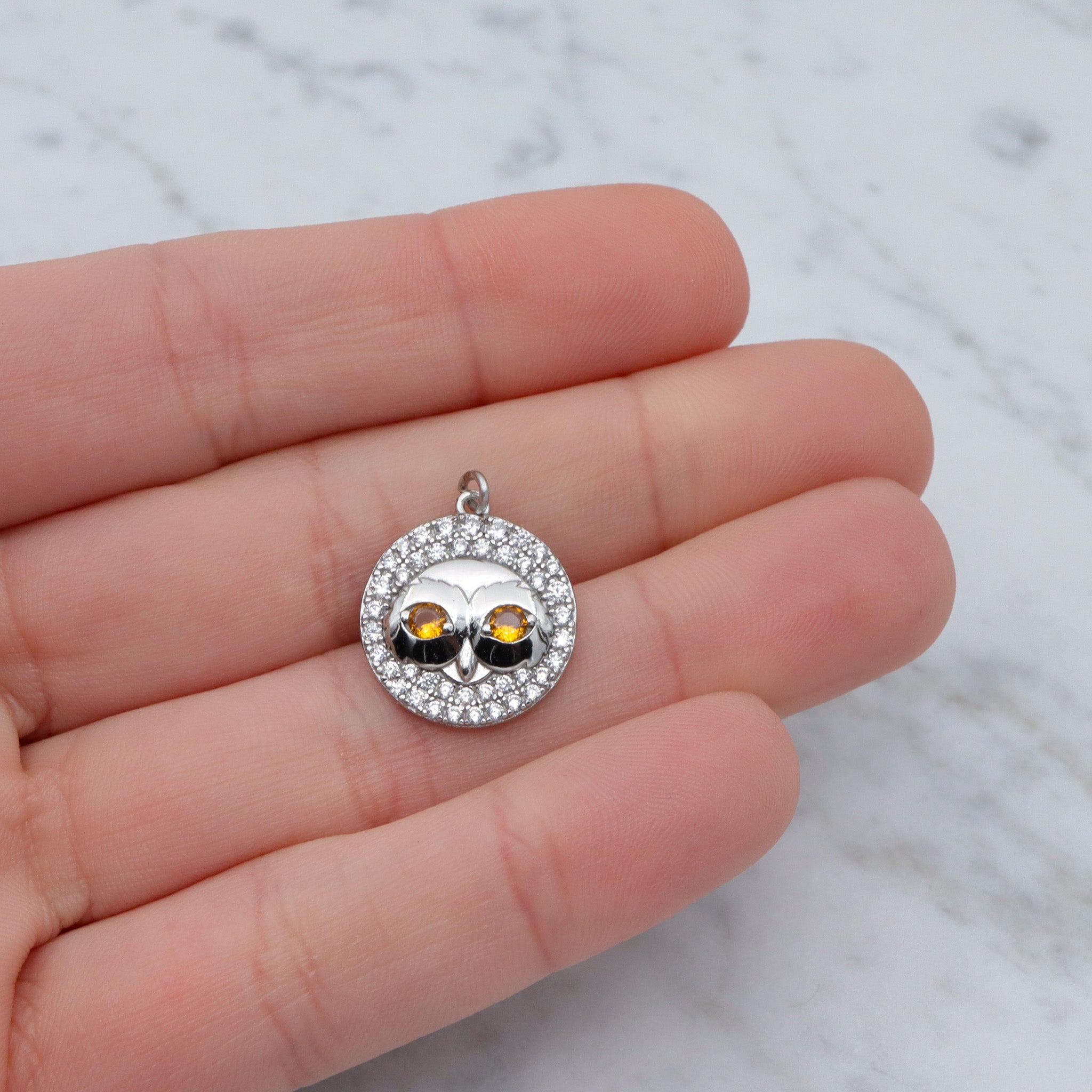 Vintage sterling, citrine glass and cubic zirconia owl pendant