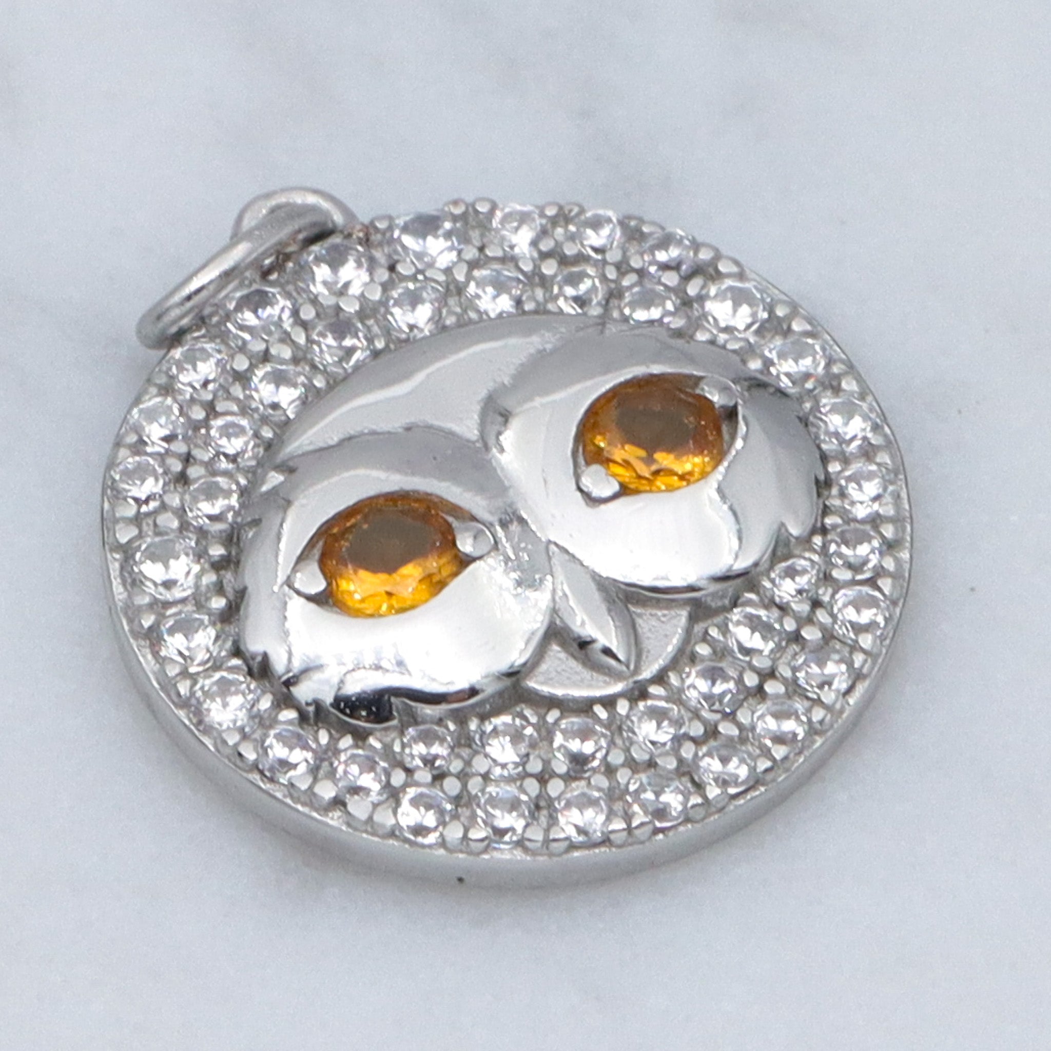 Vintage sterling, citrine glass and cubic zirconia owl pendant