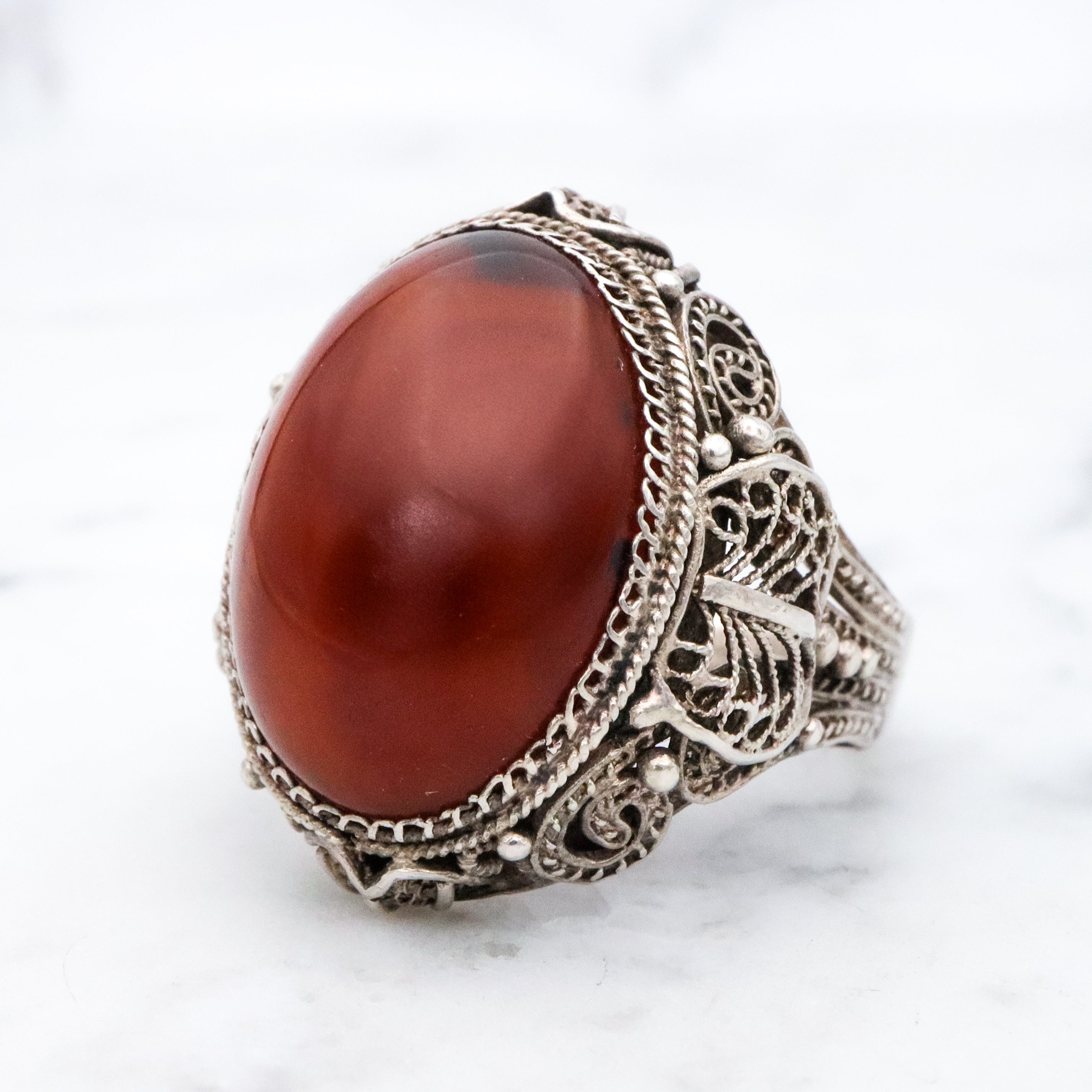 Antique Chinese silver filigree amber ring, size 8.5 adjustable