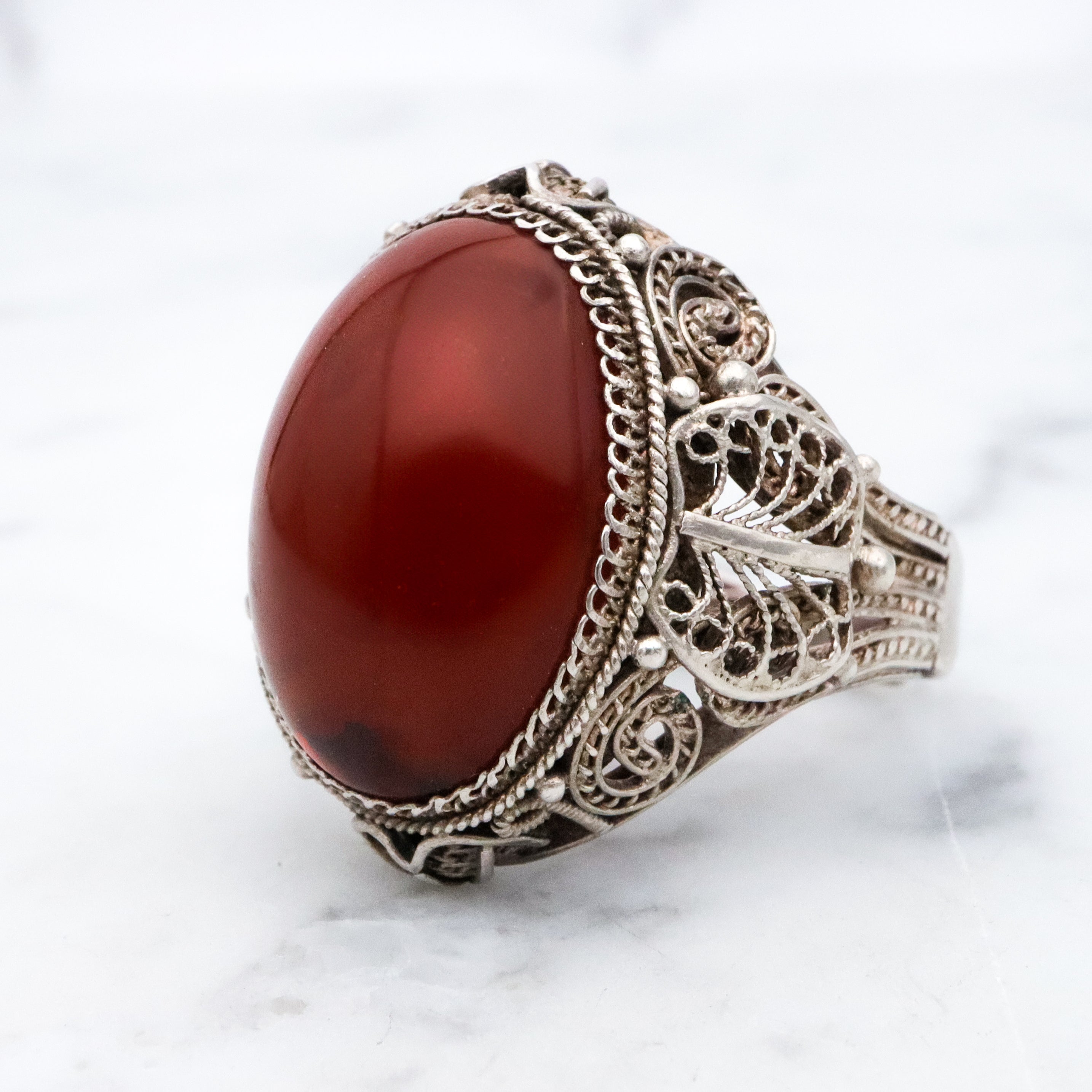 Antique Chinese silver filigree amber ring, size 8.5 adjustable