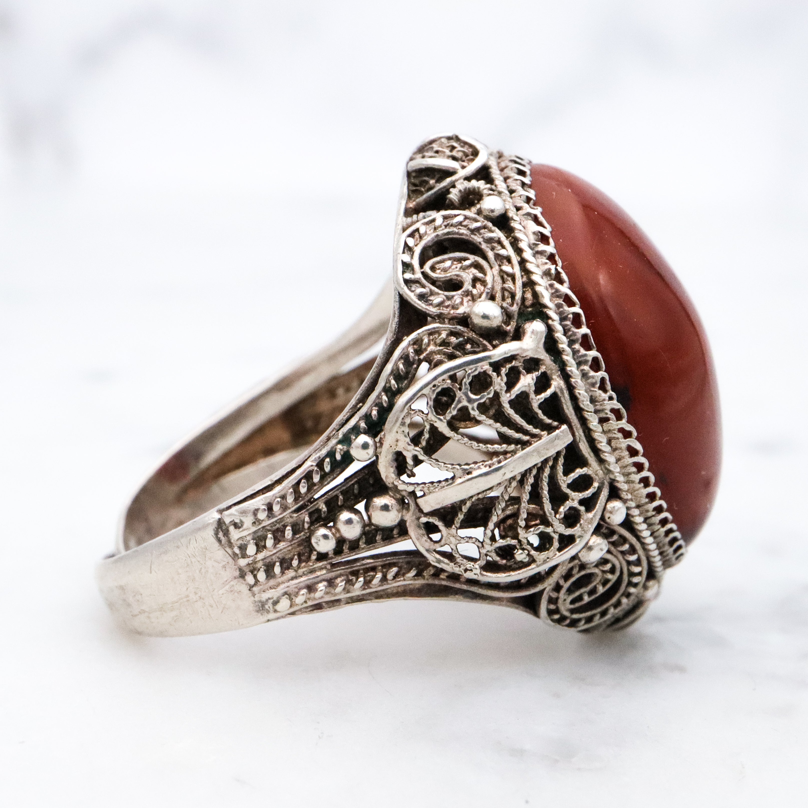 Antique Chinese silver filigree amber ring, size 8.5 adjustable