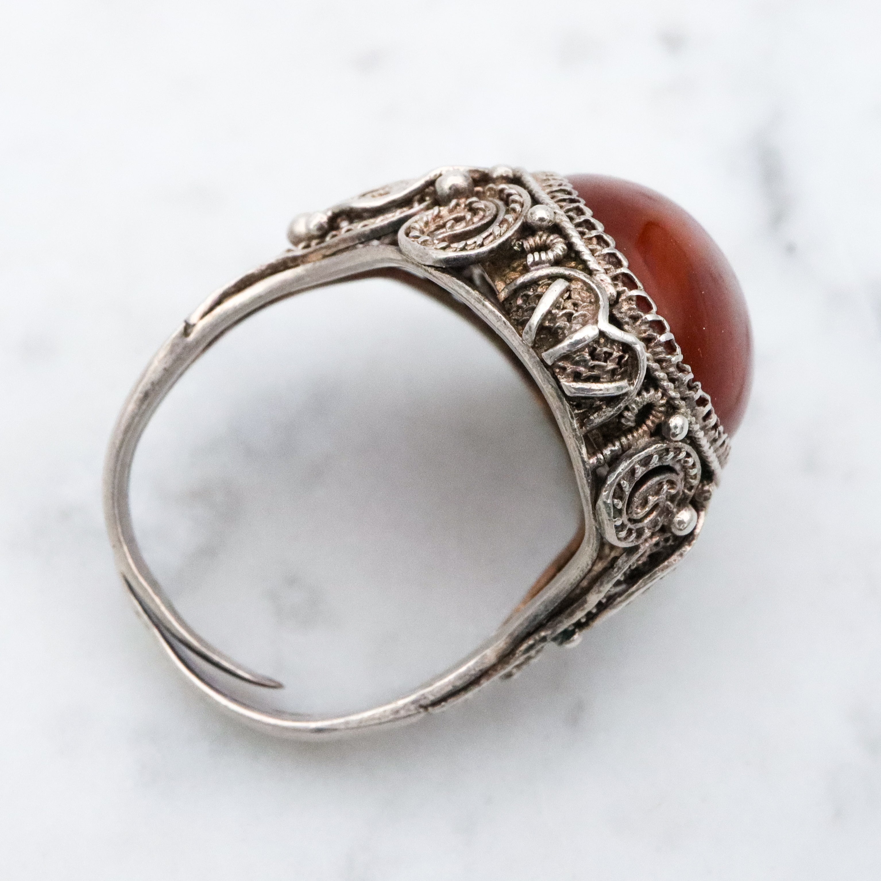 Antique Chinese silver filigree amber ring, size 8.5 adjustable