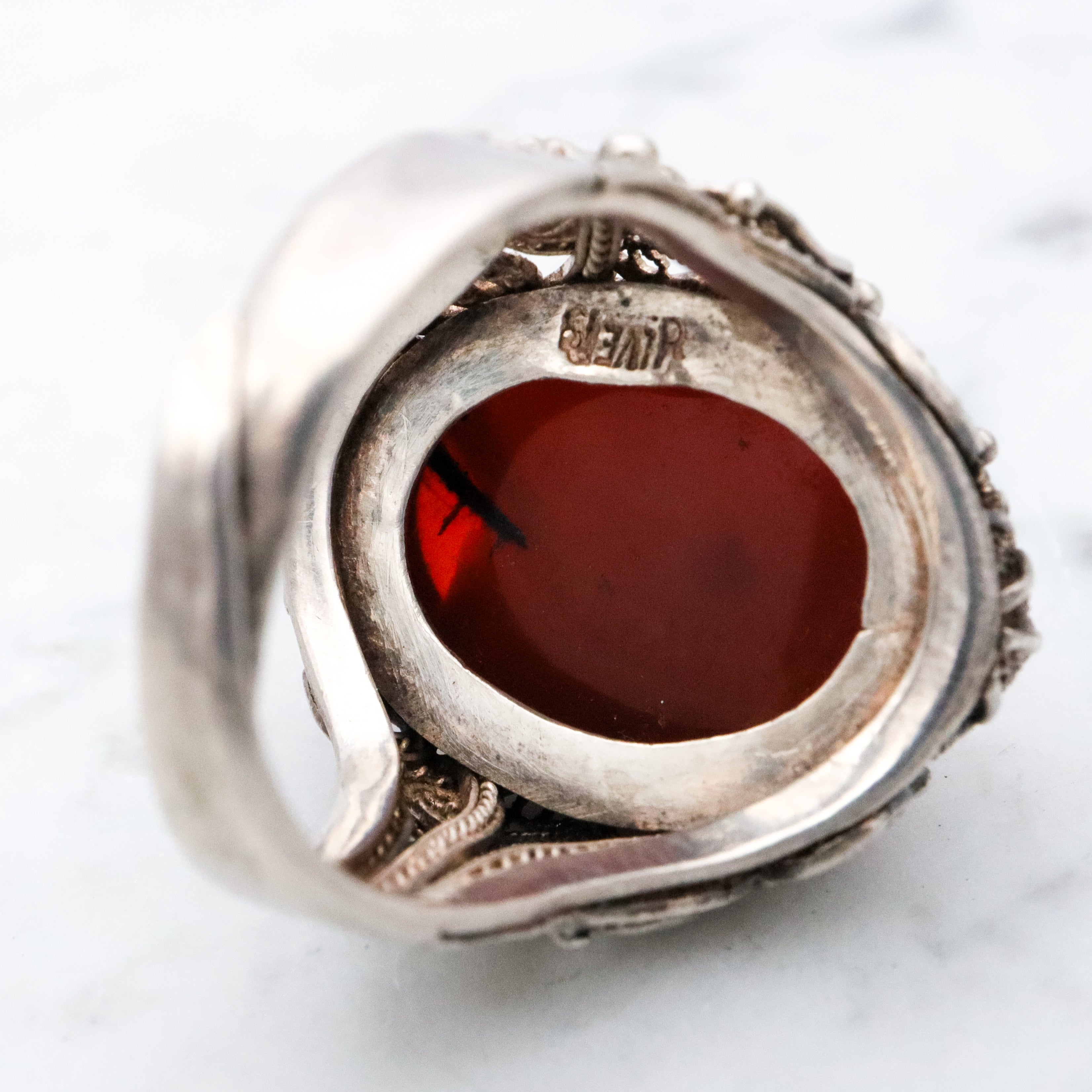 Antique Chinese silver filigree amber ring, size 8.5 adjustable