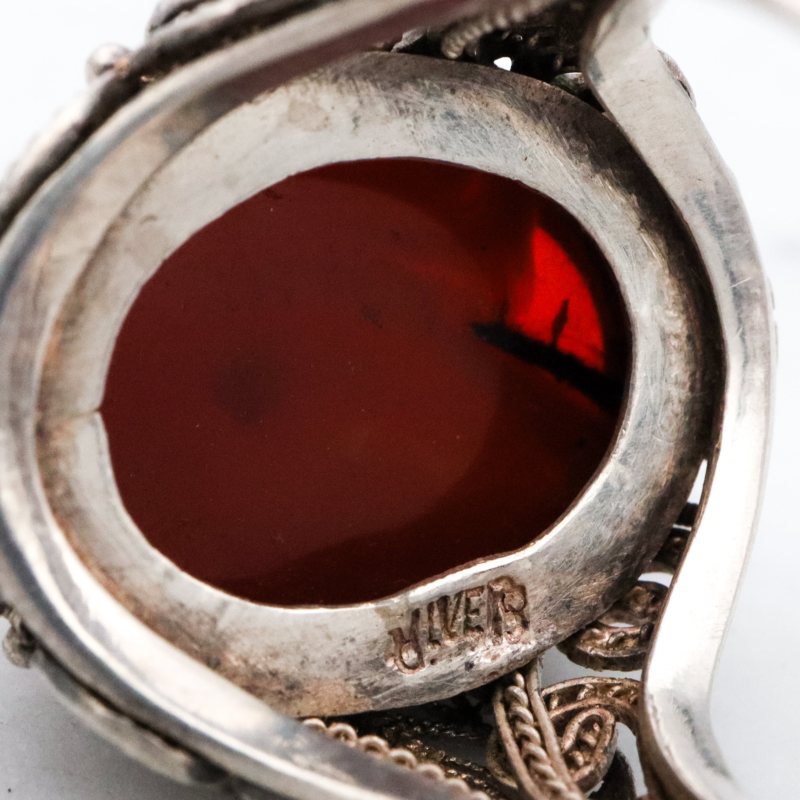 Antique Chinese silver filigree amber ring, size 8.5 adjustable