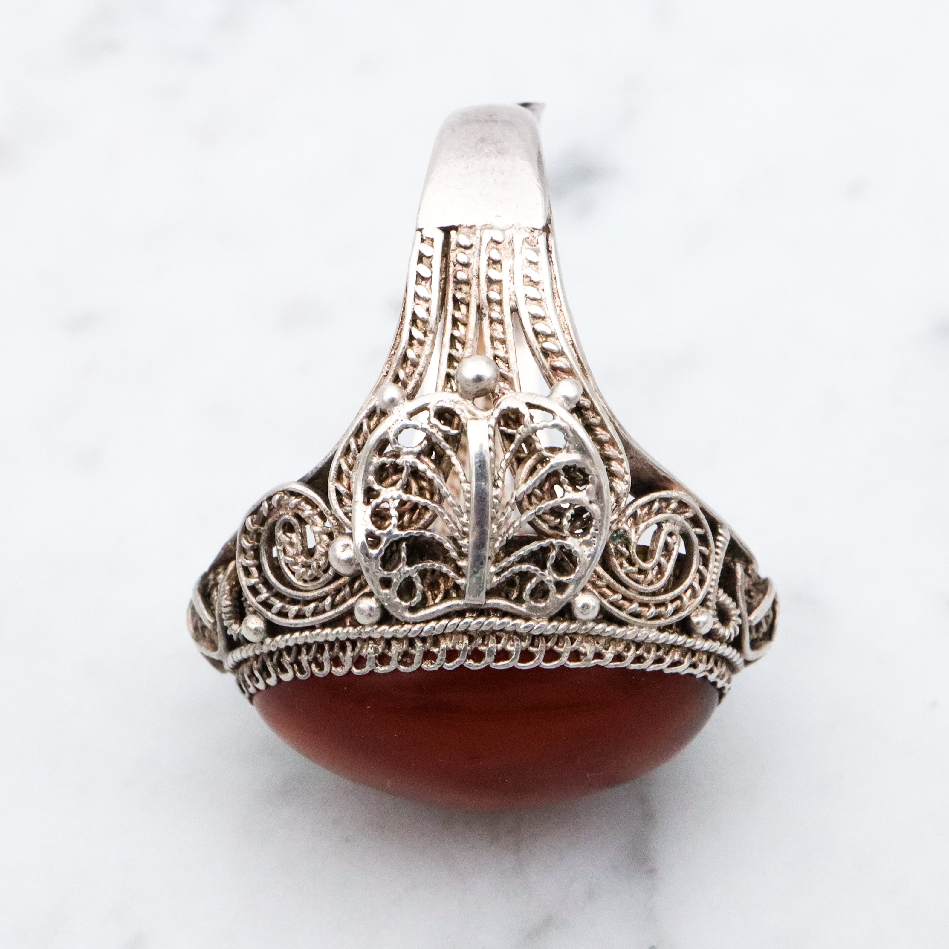 Antique Chinese silver filigree amber ring, size 8.5 adjustable