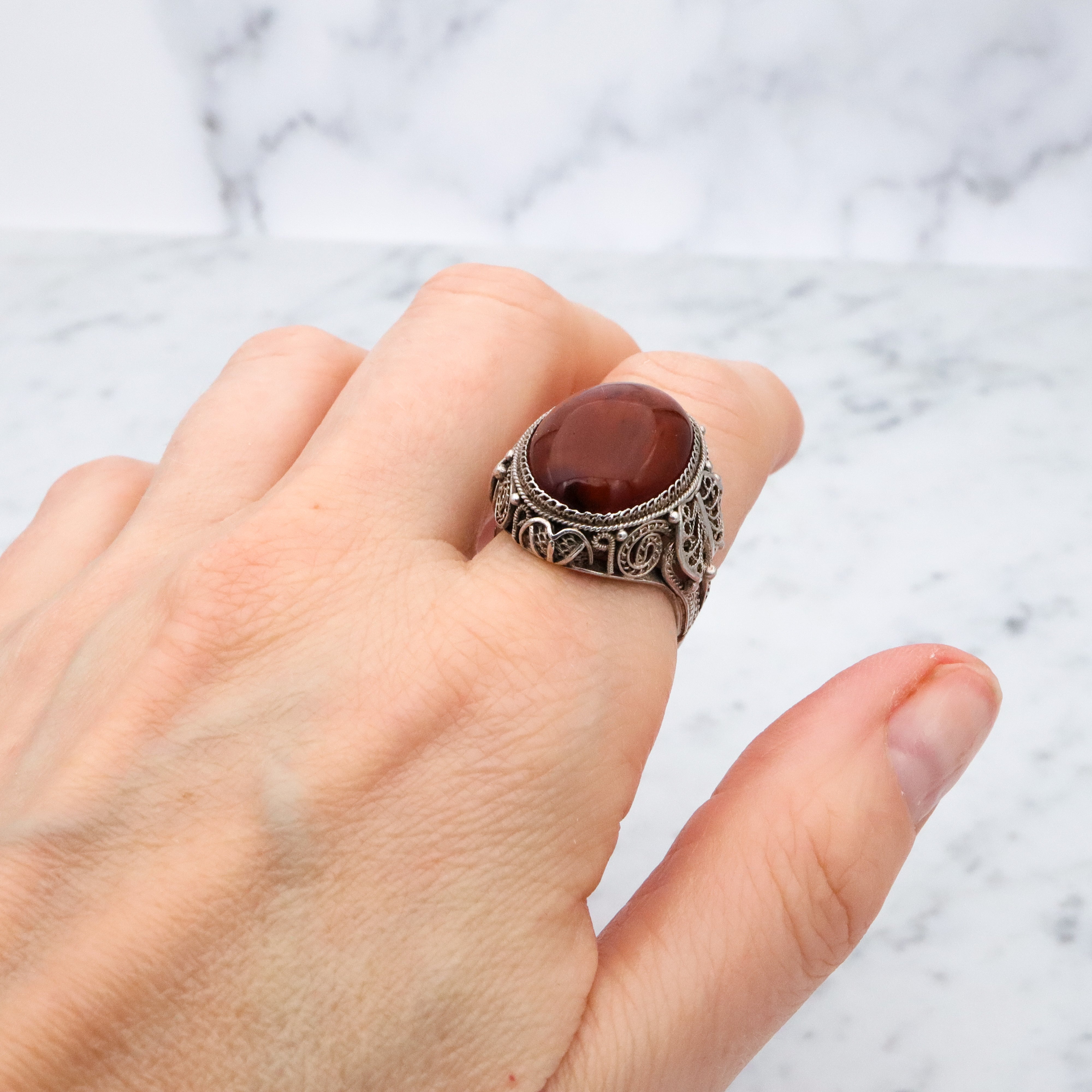 Antique Chinese silver filigree amber ring, size 8.5 adjustable