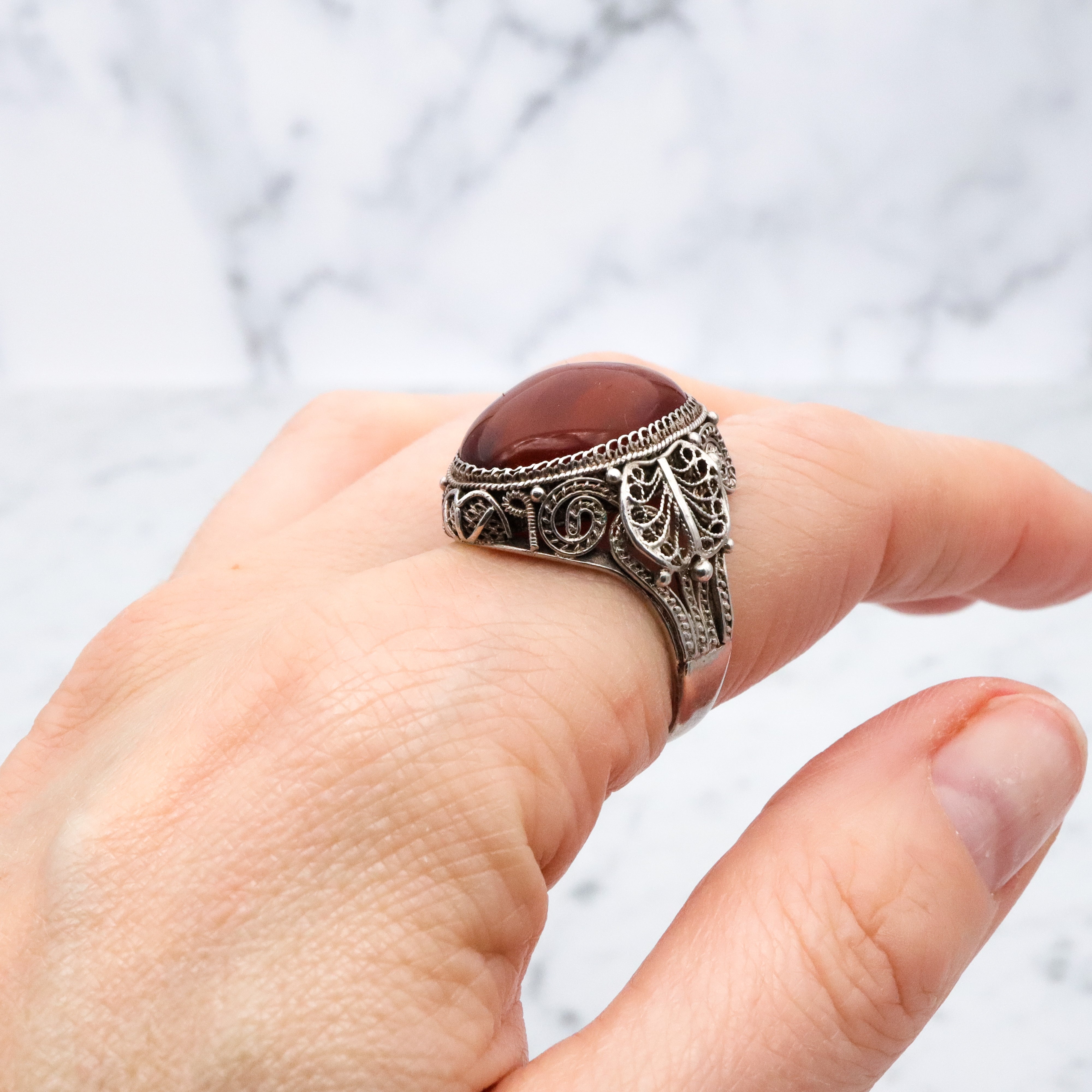 Antique Chinese silver filigree amber ring, size 8.5 adjustable