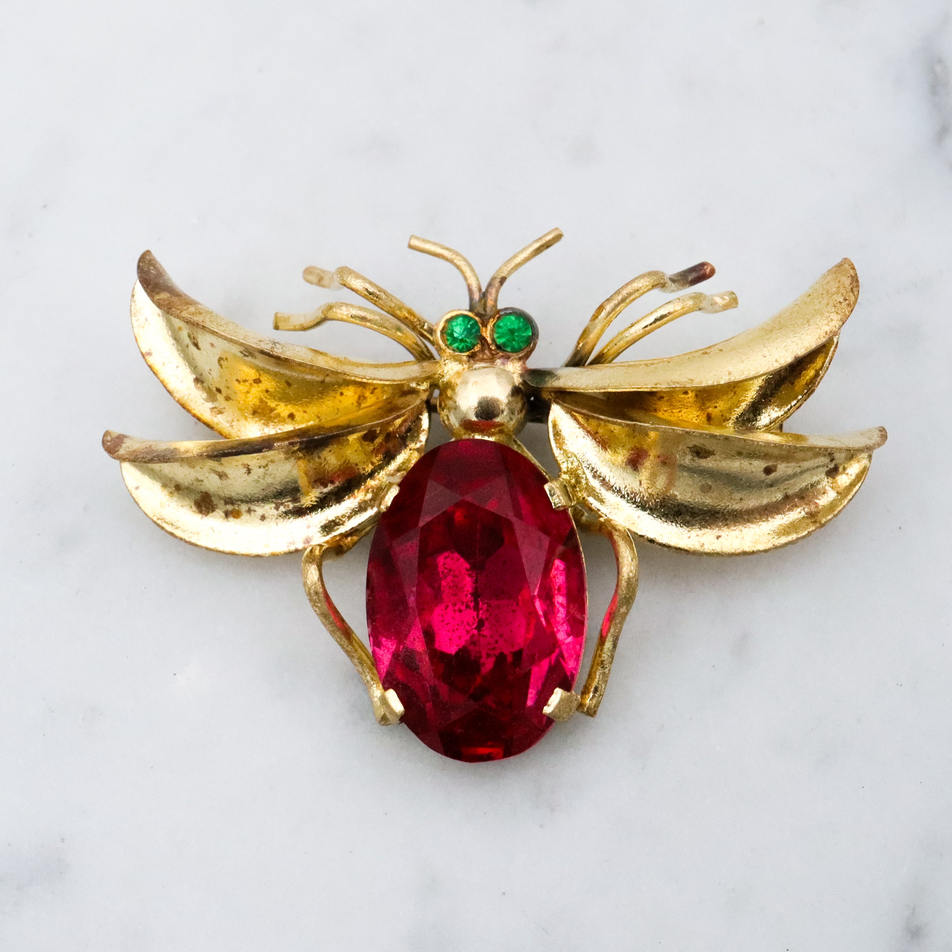 Antique Czech crystal gold plated winged insect brooch