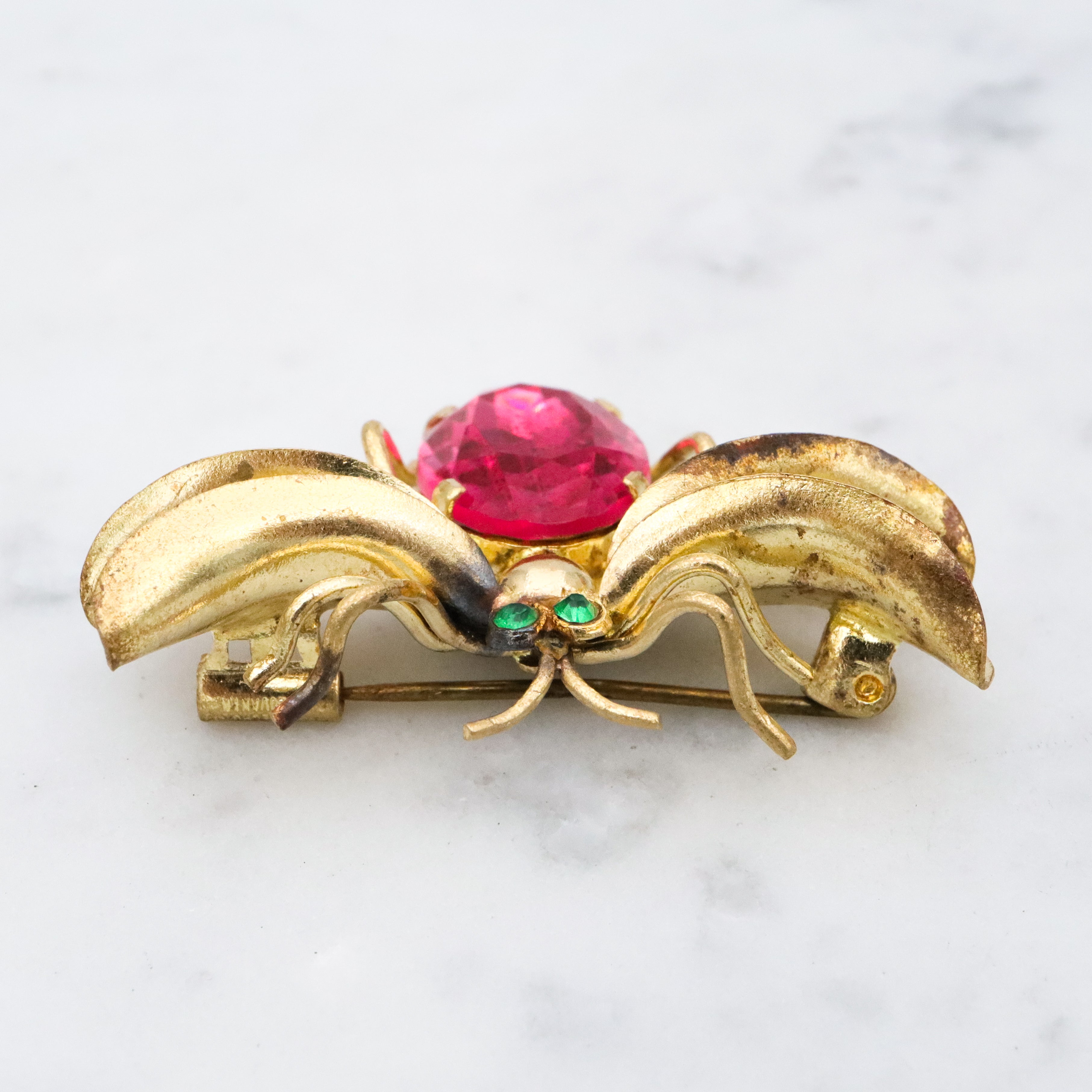 Antique Czech crystal gold plated winged insect brooch
