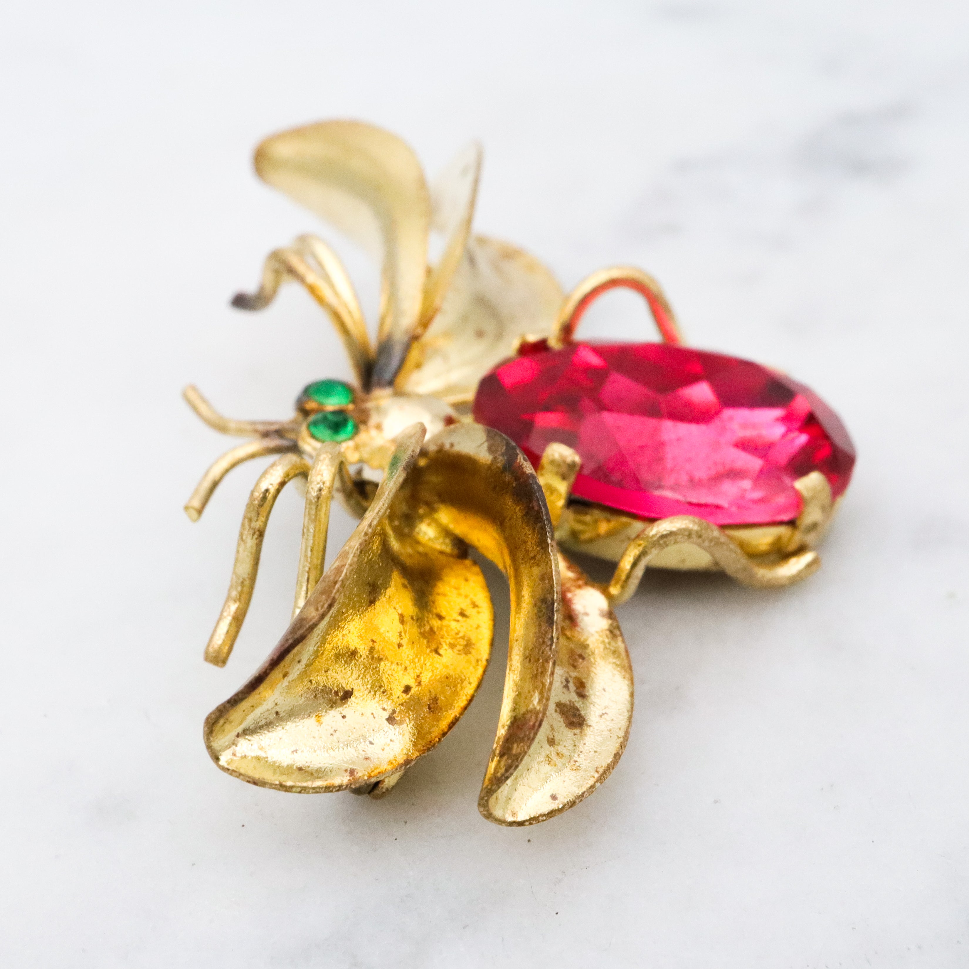 Antique Czech crystal gold plated winged insect brooch