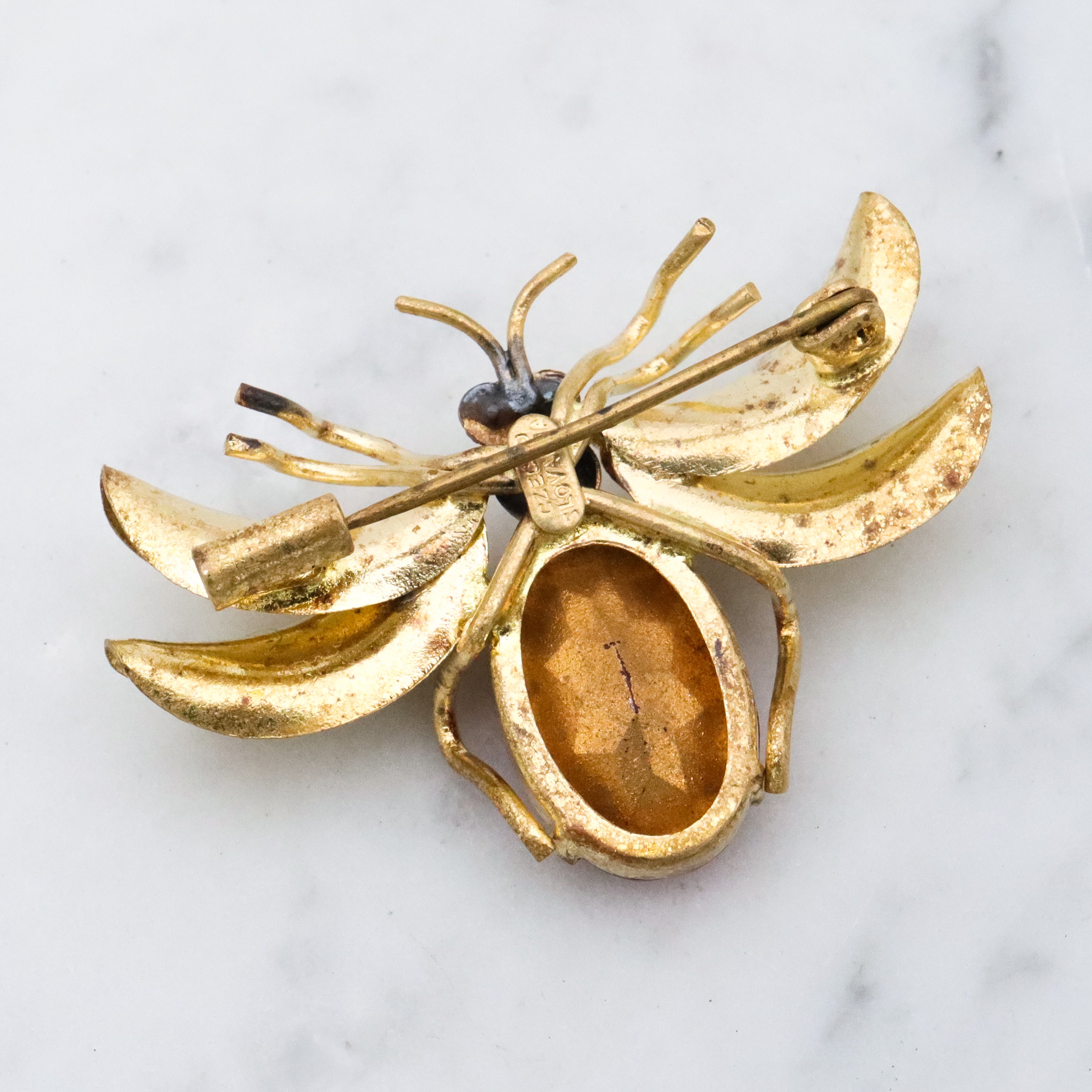 Antique Czech crystal gold plated winged insect brooch