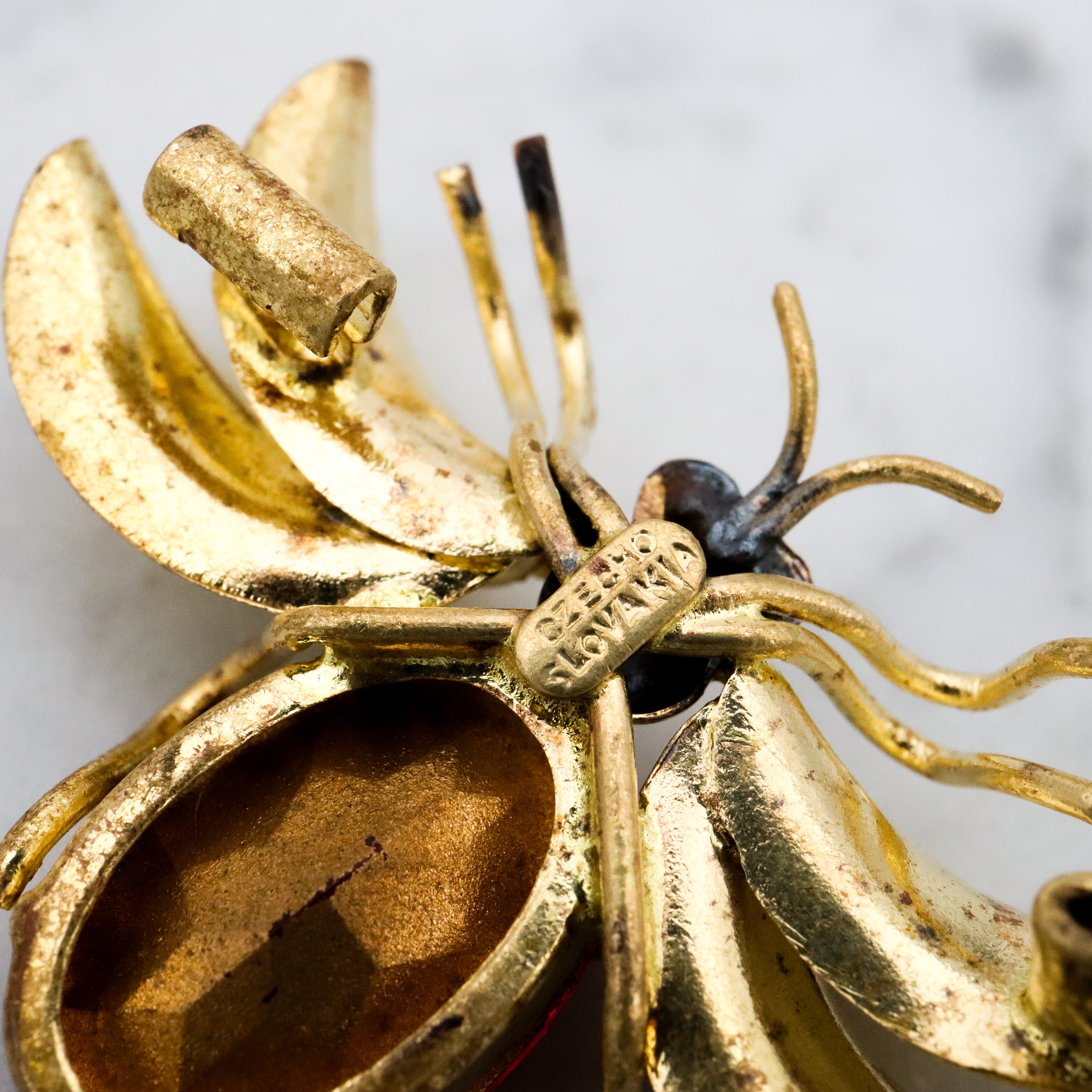 Antique Czech crystal gold plated winged insect brooch