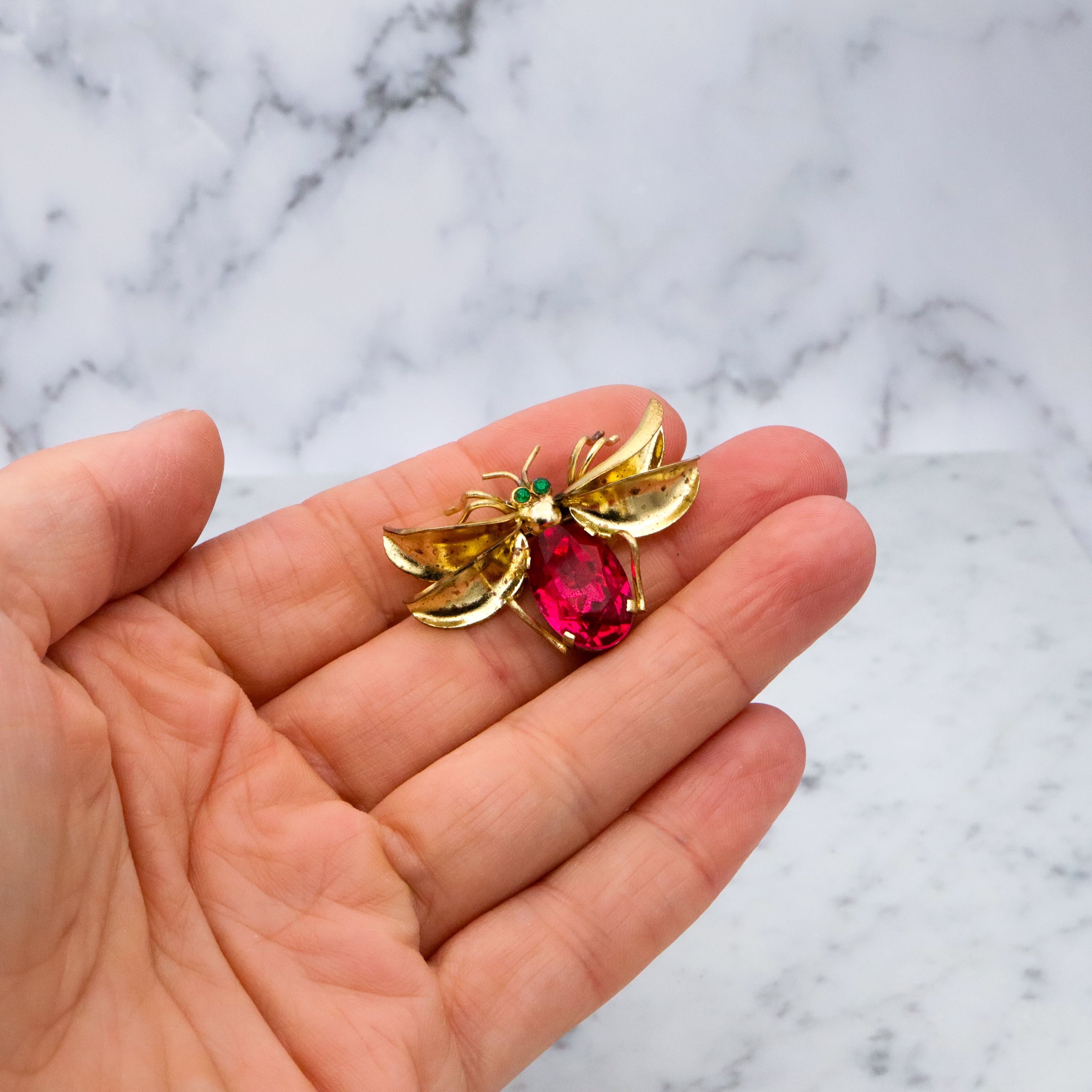 Antique Czech crystal gold plated winged insect brooch