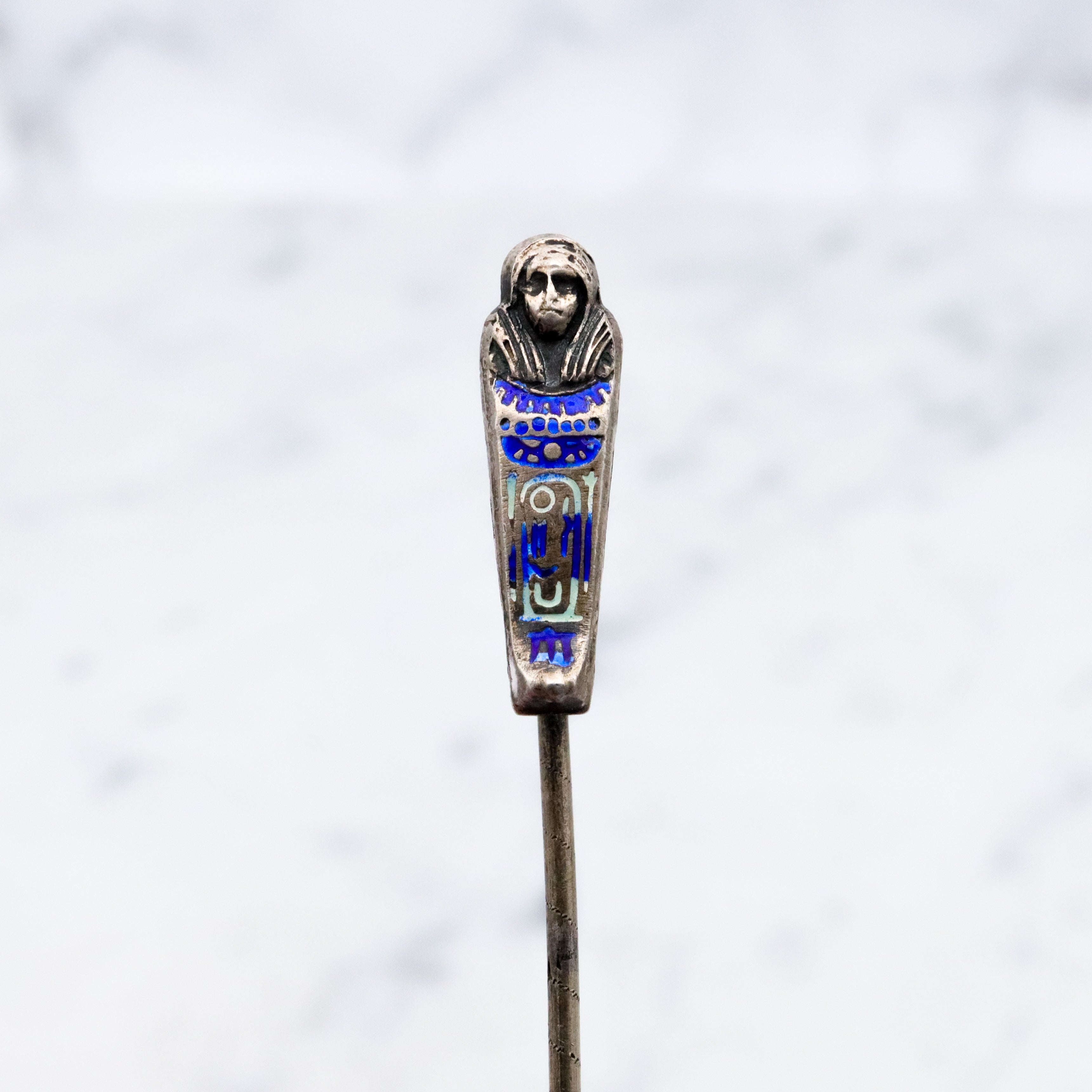 Antique Egyptian Revival sterling enamel sarcophagus stick pin