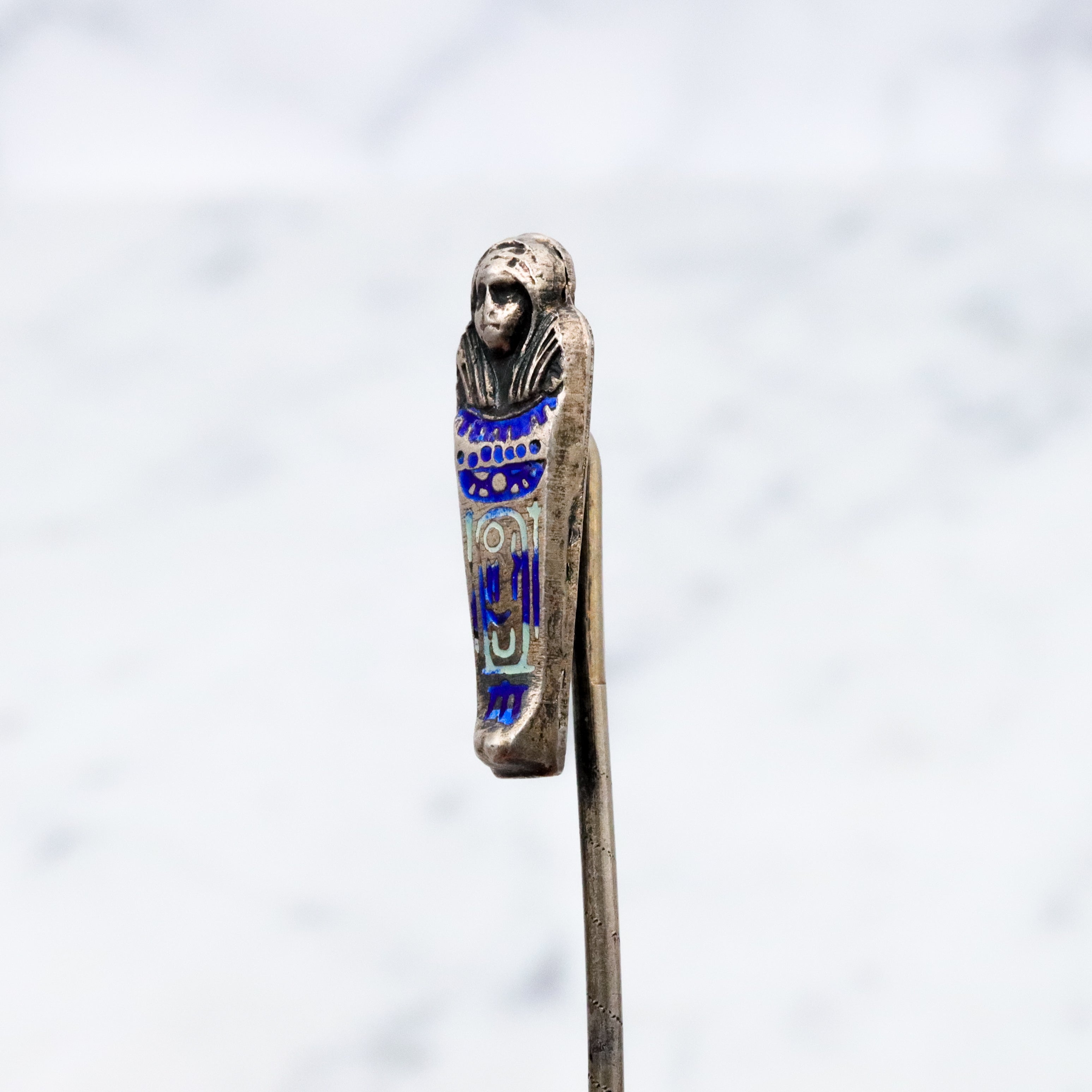Antique Egyptian Revival sterling enamel sarcophagus stick pin