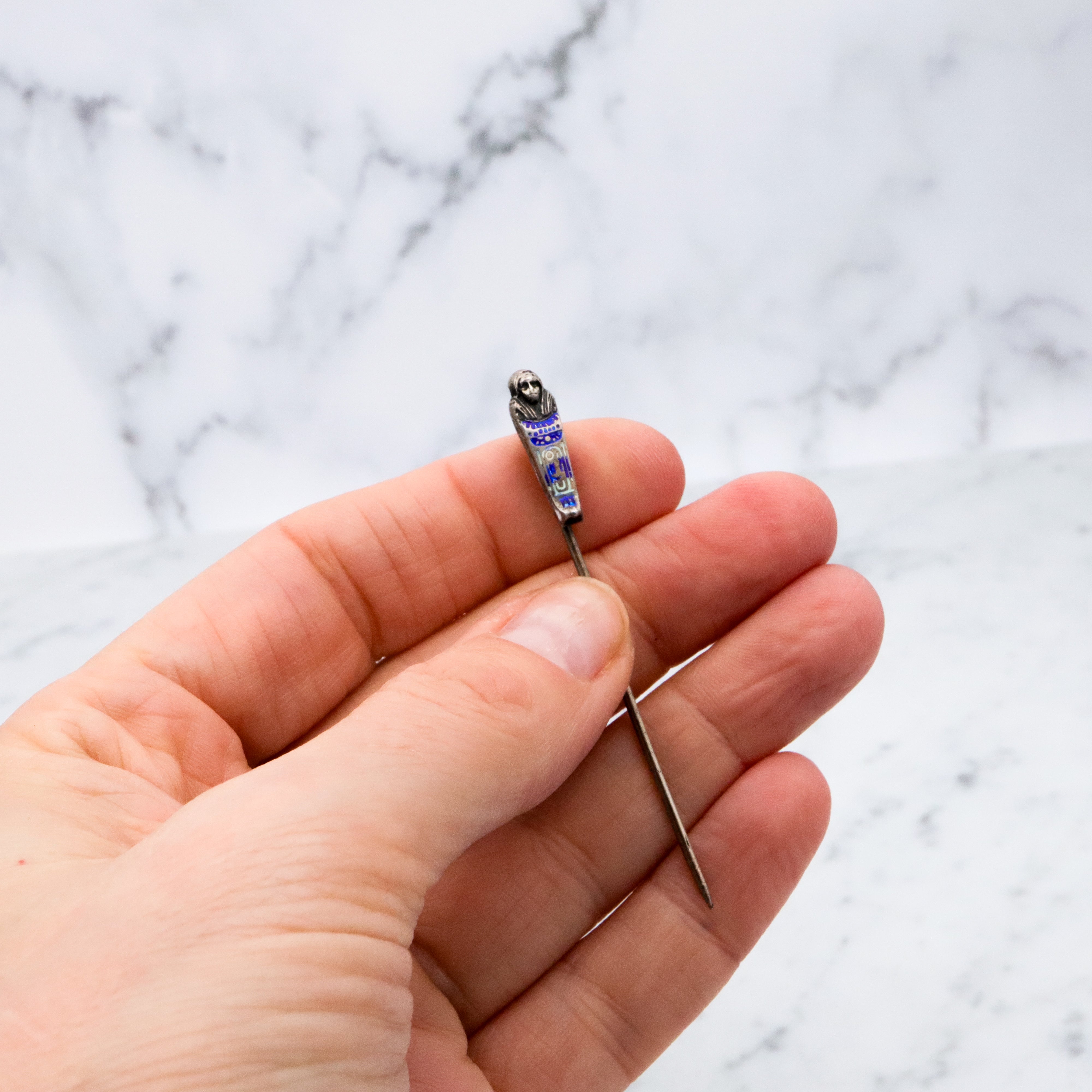 Antique Egyptian Revival sterling enamel sarcophagus stick pin